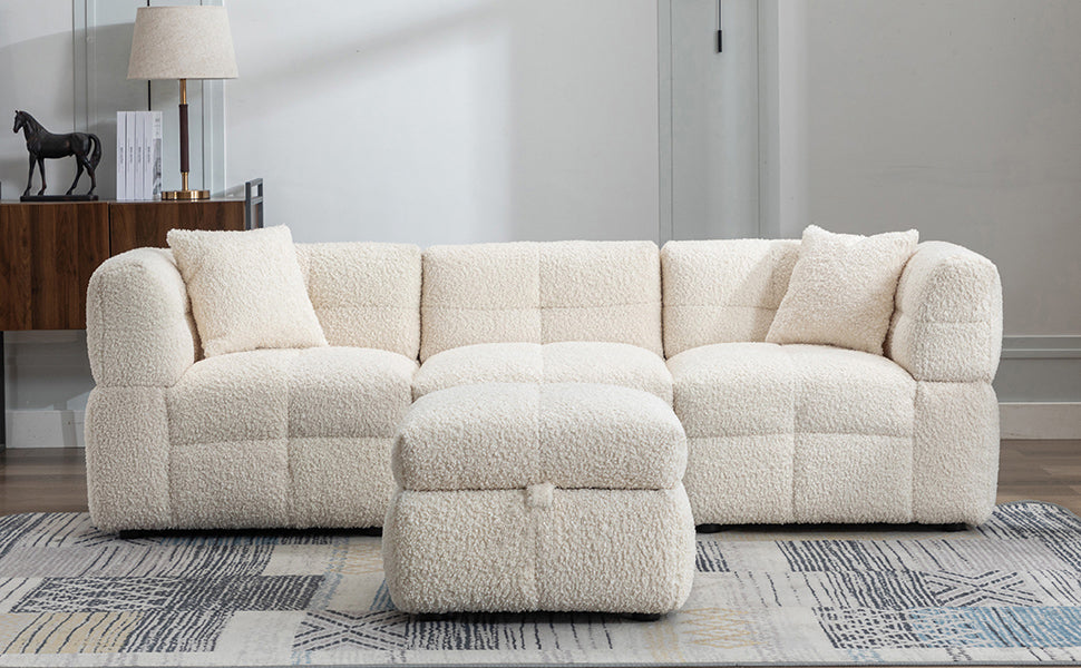 87.7" Sectional Sofa Cozy Teddy Fleece Fabric Sectional Sofa Couch With Two Usb Ports A Movable Storage Ottoman And Two Lumbar Pillows For Living Room, Creamy White Creamy White Foam Teddy