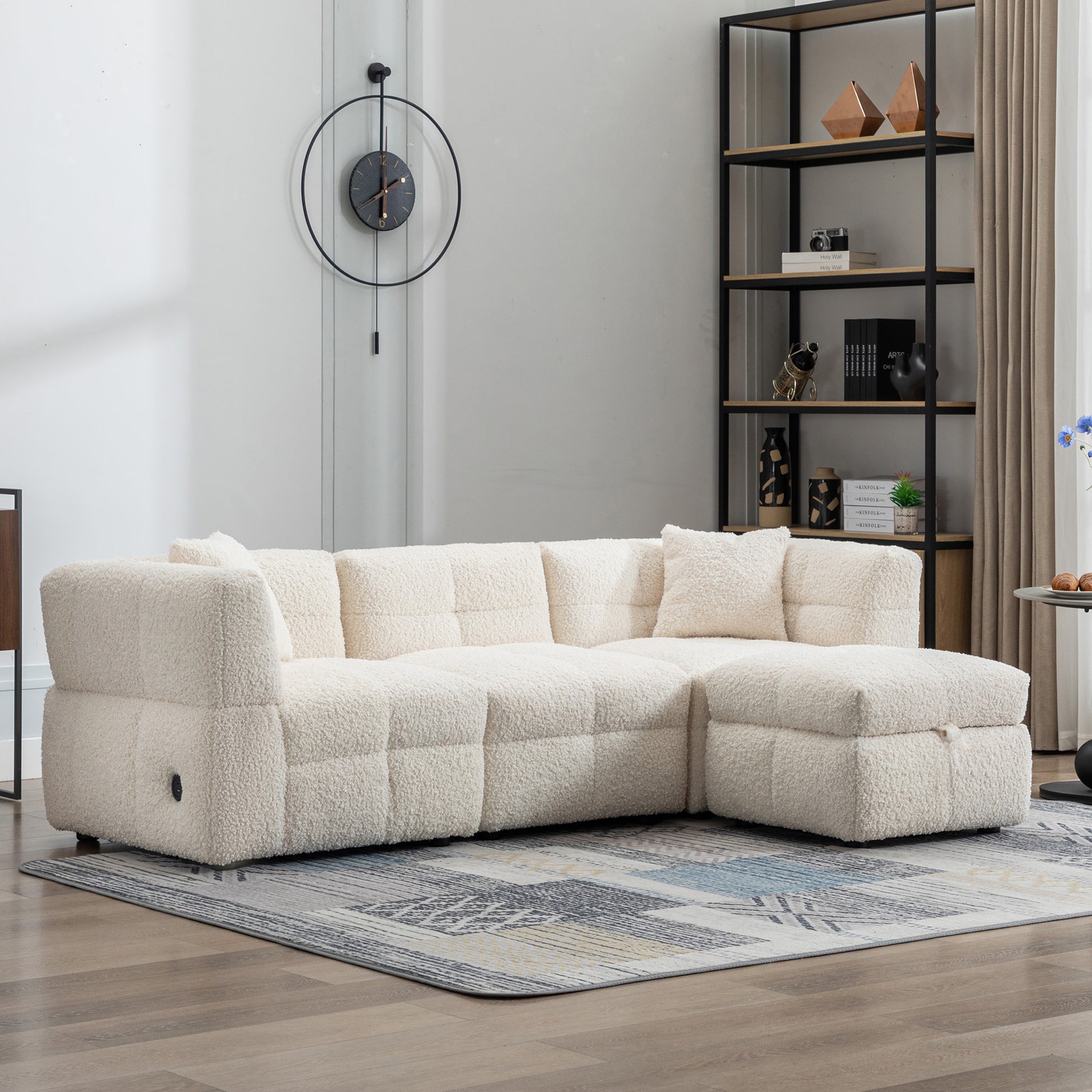 87.7" Sectional Sofa Cozy Teddy Fleece Fabric Sectional Sofa Couch With Two Usb Ports A Movable Storage Ottoman And Two Lumbar Pillows For Living Room, Creamy White Creamy White Foam Teddy