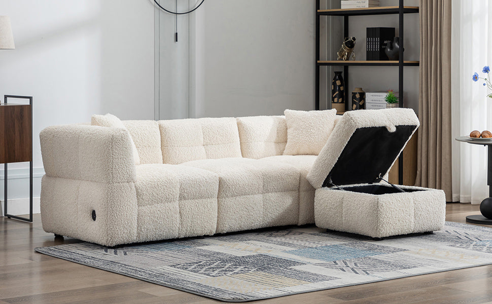 87.7" Sectional Sofa Cozy Teddy Fleece Fabric Sectional Sofa Couch With Two Usb Ports A Movable Storage Ottoman And Two Lumbar Pillows For Living Room, Creamy White Creamy White Foam Teddy
