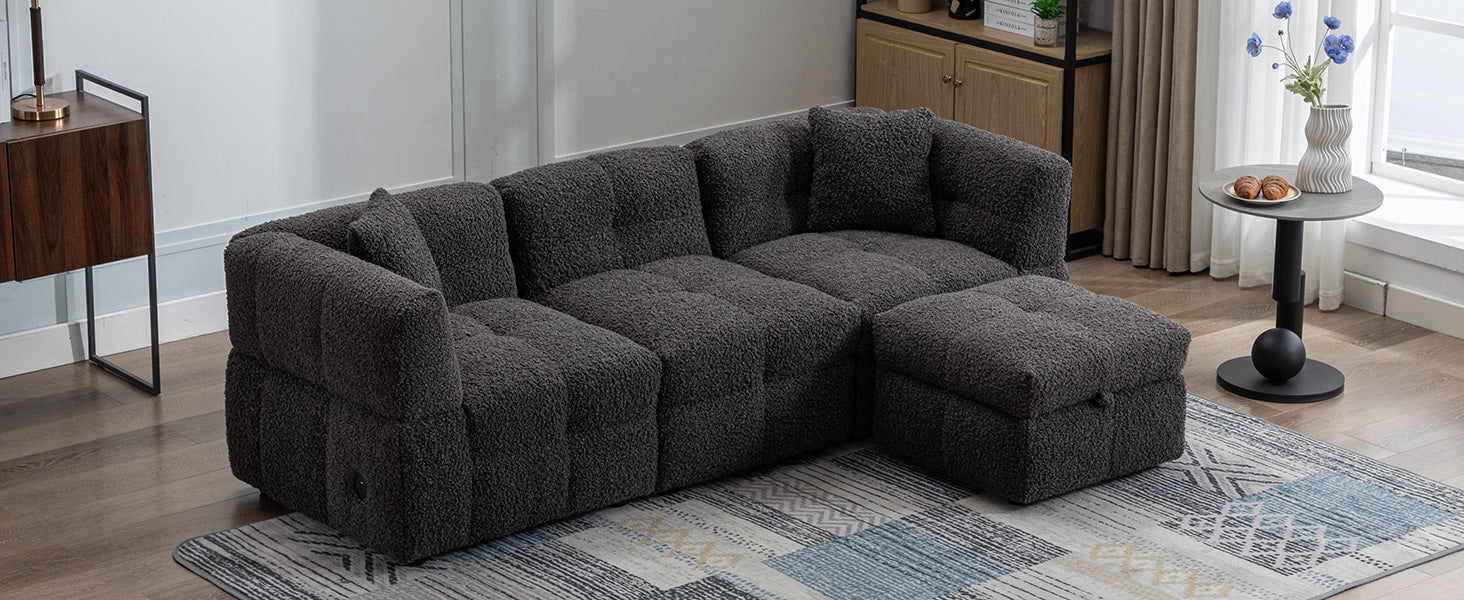 87.7" Sectional Sofa Cozy Teddy Fleece Fabric Sectional Sofa Couch With Two Usb Ports A Movable Storage Ottoman And Two Lumbar Pillows For Living Room, Gray Gray Foam Teddy 4 Seat