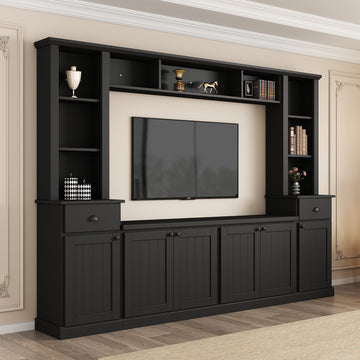 Minimalist Entertainment Wall Unit Set With Bridge For Tvs Up To 75'', Large Storage Space Tv Stand With Adjustable Shelves, Modernist Large Media Console For Living Room, Black Black Primary Living Space 70 79 Inches 70 79 Inches 75 Inches Particle