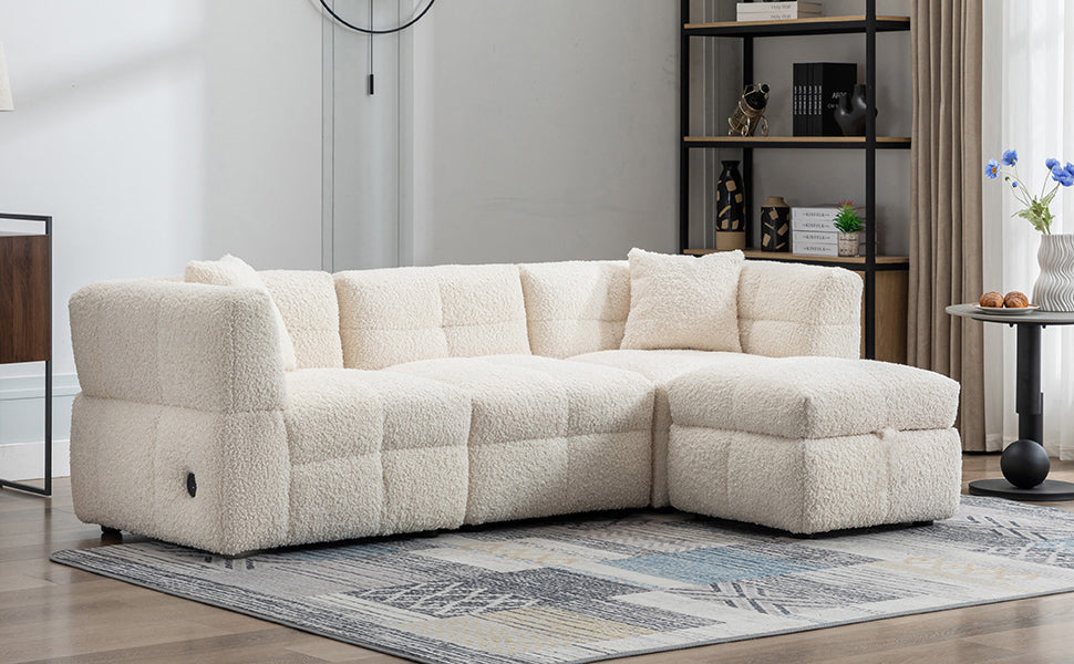 87.7" Sectional Sofa Cozy Teddy Fleece Fabric Sectional Sofa Couch With Two Usb Ports A Movable Storage Ottoman And Two Lumbar Pillows For Living Room, Creamy White Creamy White Foam Teddy