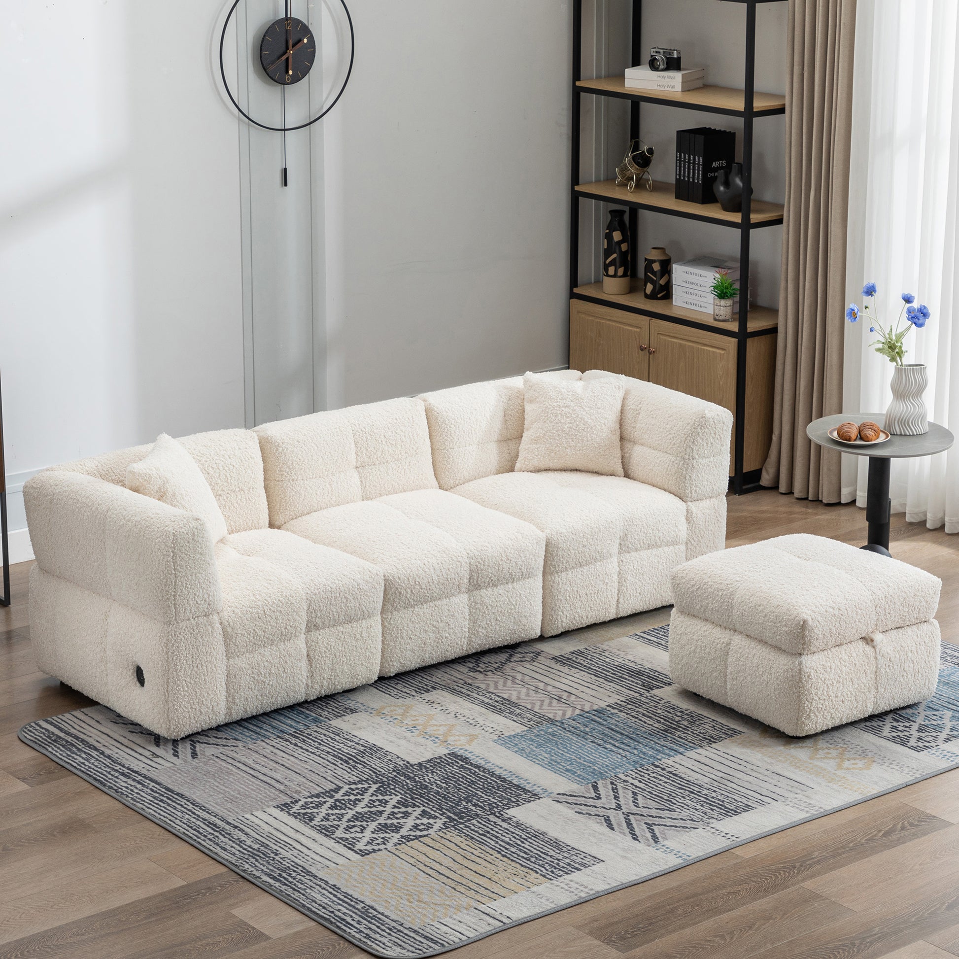 87.7" Sectional Sofa Cozy Teddy Fleece Fabric Sectional Sofa Couch With Two Usb Ports A Movable Storage Ottoman And Two Lumbar Pillows For Living Room, Creamy White Creamy White Foam Teddy