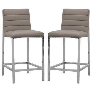 Eun 26 Inch Vegan Faux Leather Counter Stool, Chrome Legs, Set Of 2, Gray Gray Silver Fabric Metal