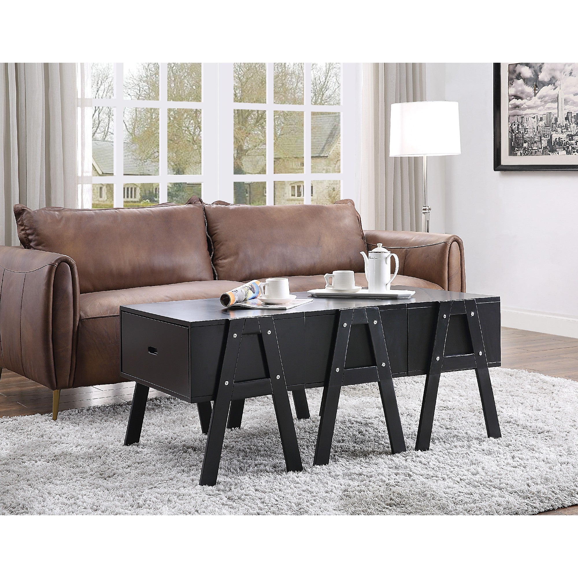 Three Drawers Wooden Convertible Coffee Table With Angled Legs, Black Black Wood