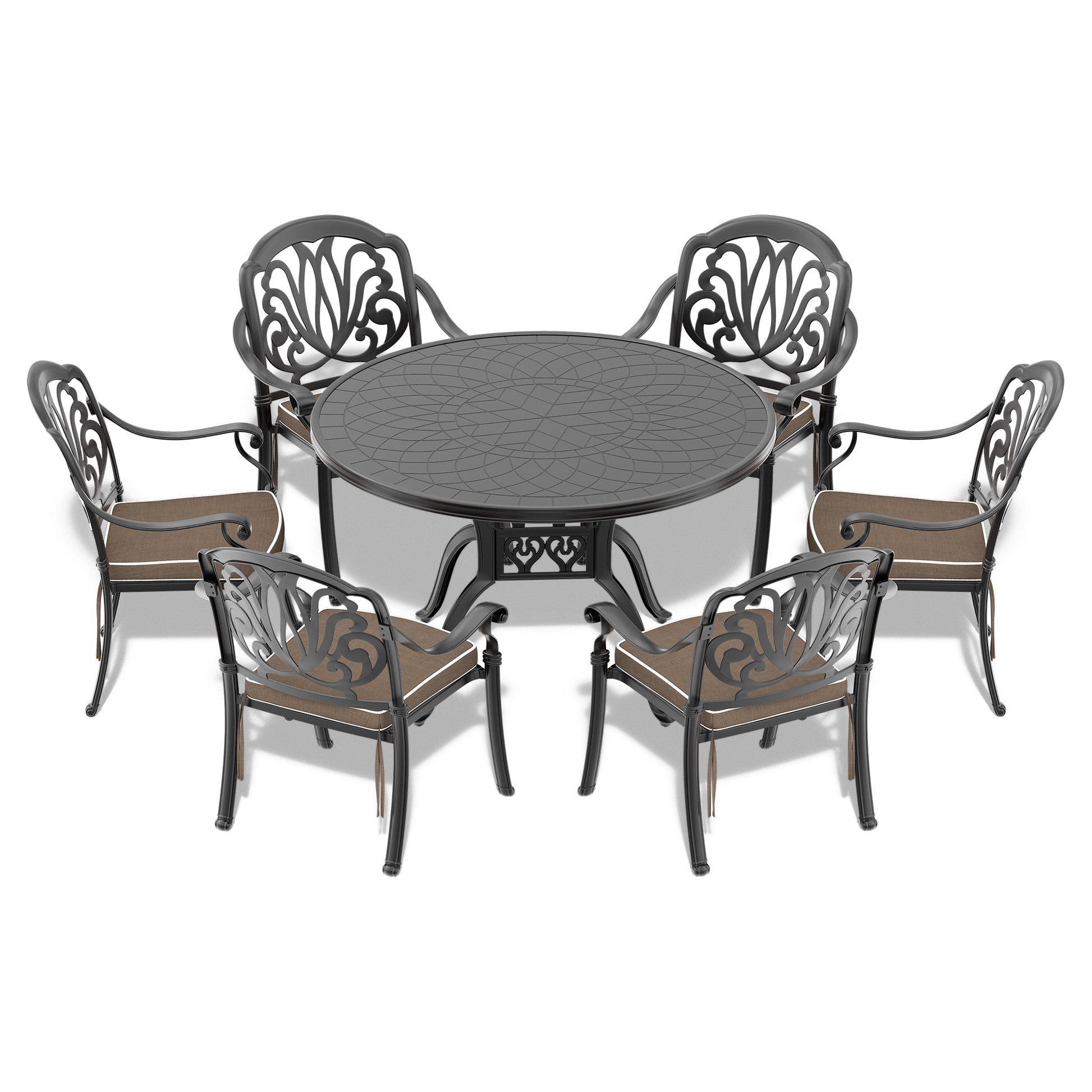 Cushions In Random Colors 7 Piece Set Of Cast Aluminum Patio Furniture With Cushions Yes Dining Set Black Seats 6 Rust Resistant Frame Water Resistant Cushion Garden & Outdoor Complete Patio Sets Aluminium