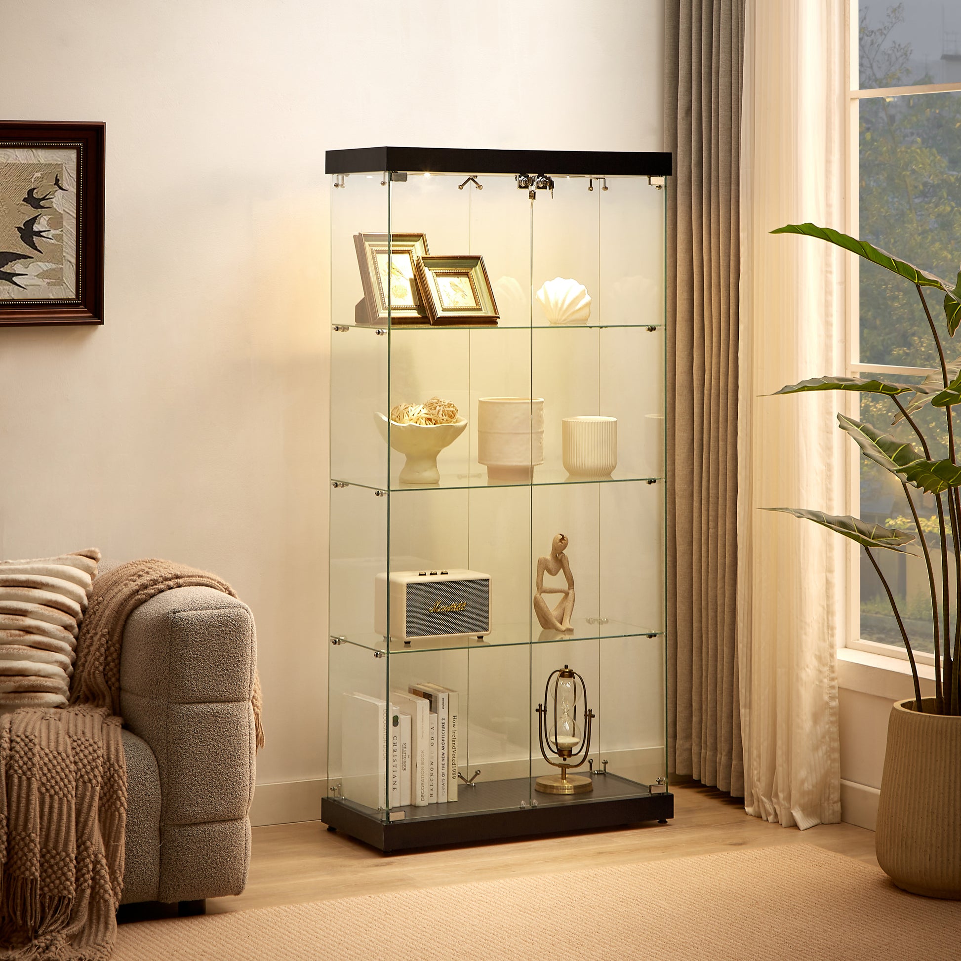 4 Tier Glass Display Cabinet, Double Door Glass Cabinet, Four Partitions, Two Locks, Floor Standing Storage Cabinet For Living Room, Bedroom, Showroom And Office, Black, 31.5"L X 14.2"W X 66.3"H Black Glass