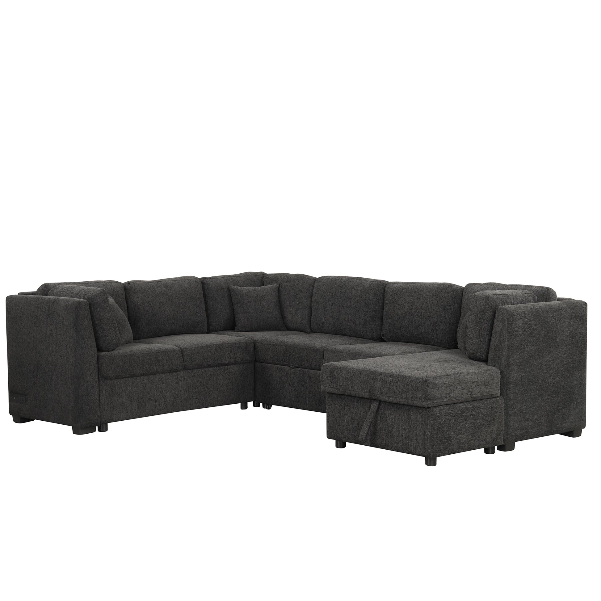 108.6" U Shaped Sectional Sofa Pull Out Sofa Bed With Two Usb Ports, Two Power Sockets, Three Back Pillows And A Storage Chaise For Living Room, Black Black Foam Chenille 5 Seat