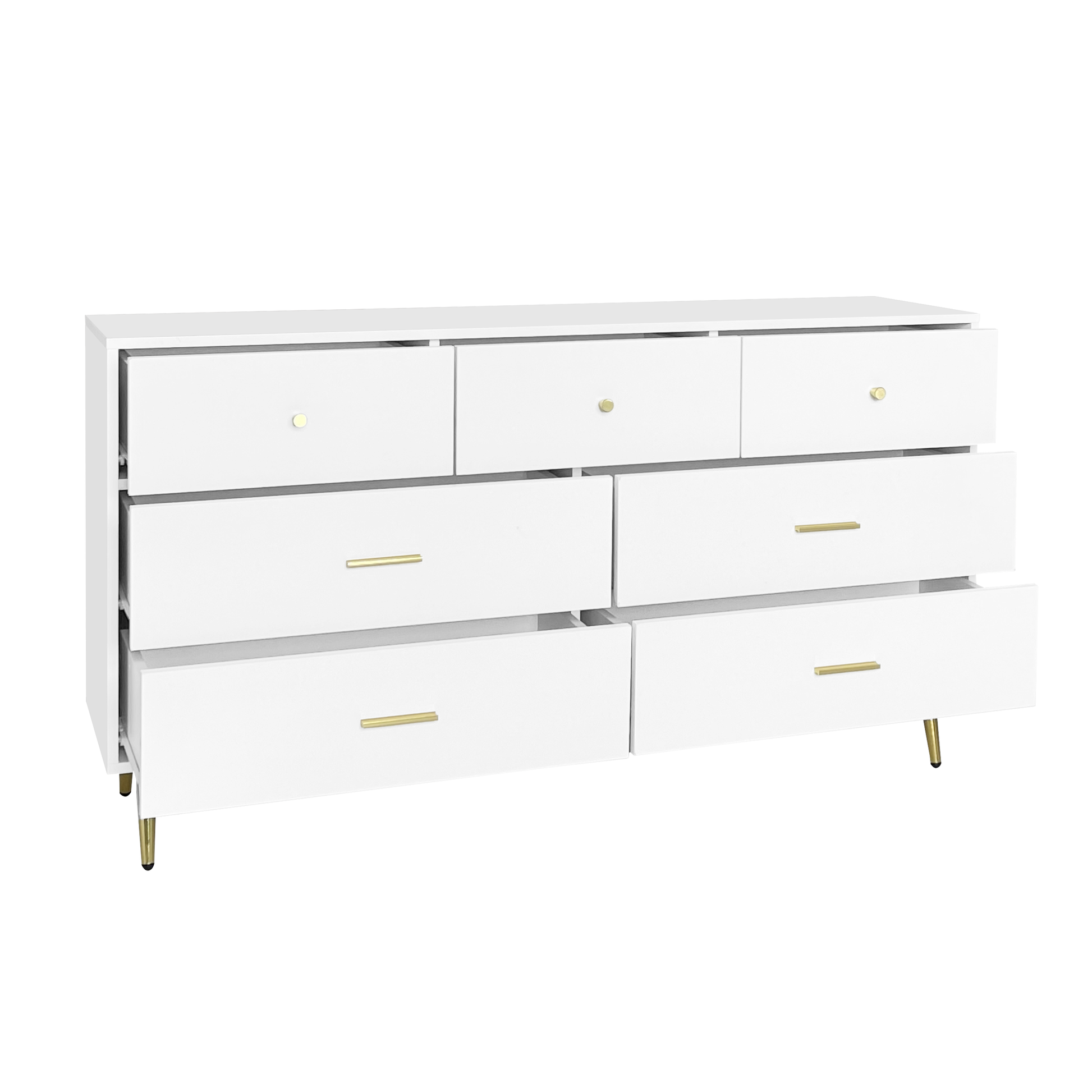 Seven Drawers Large Chest Of Drawer Cabinet With Golden Handle And Golden Legs White Color Matte White Particle Board