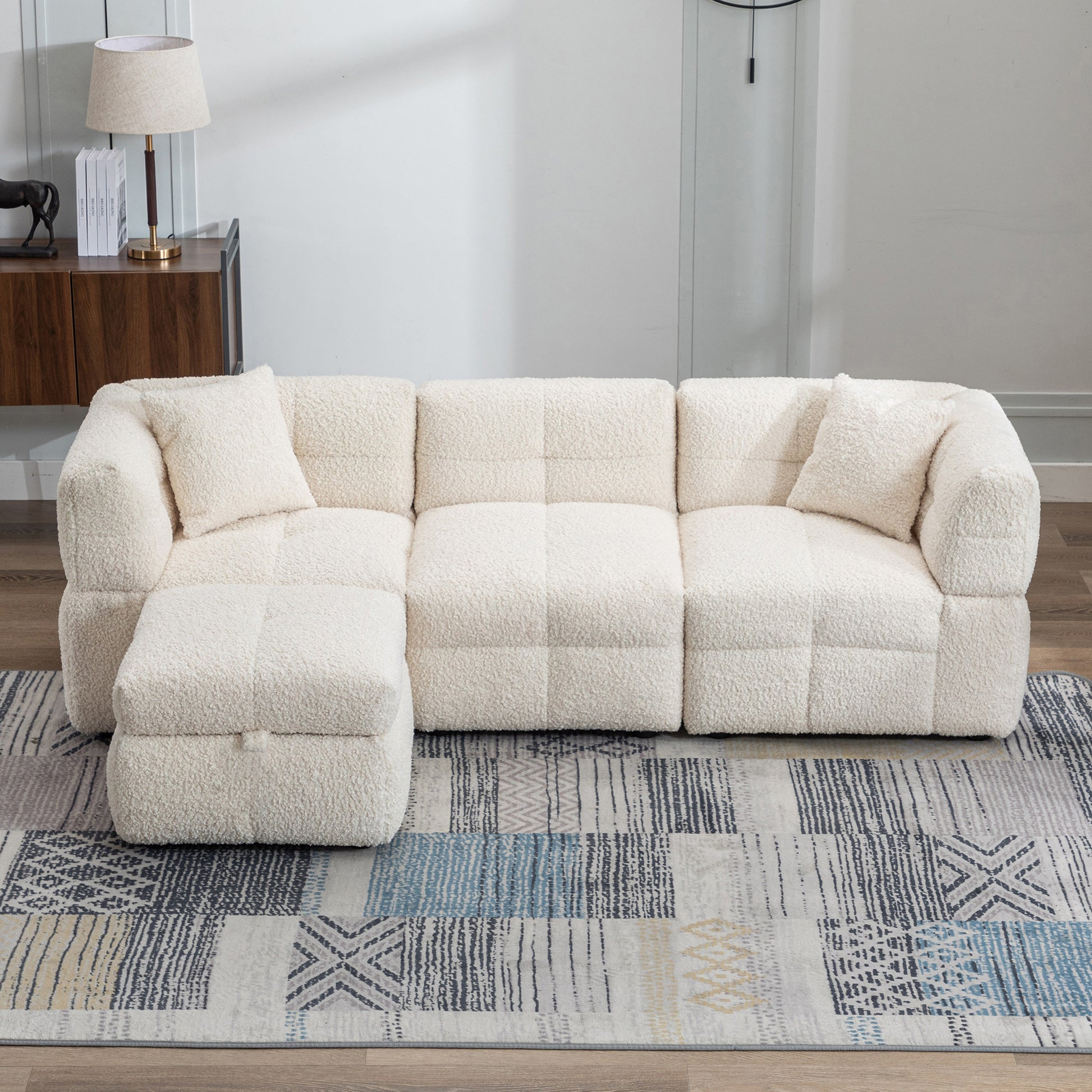 87.7" Sectional Sofa Cozy Teddy Fleece Fabric Sectional Sofa Couch With Two Usb Ports A Movable Storage Ottoman And Two Lumbar Pillows For Living Room, Creamy White Creamy White Foam Teddy