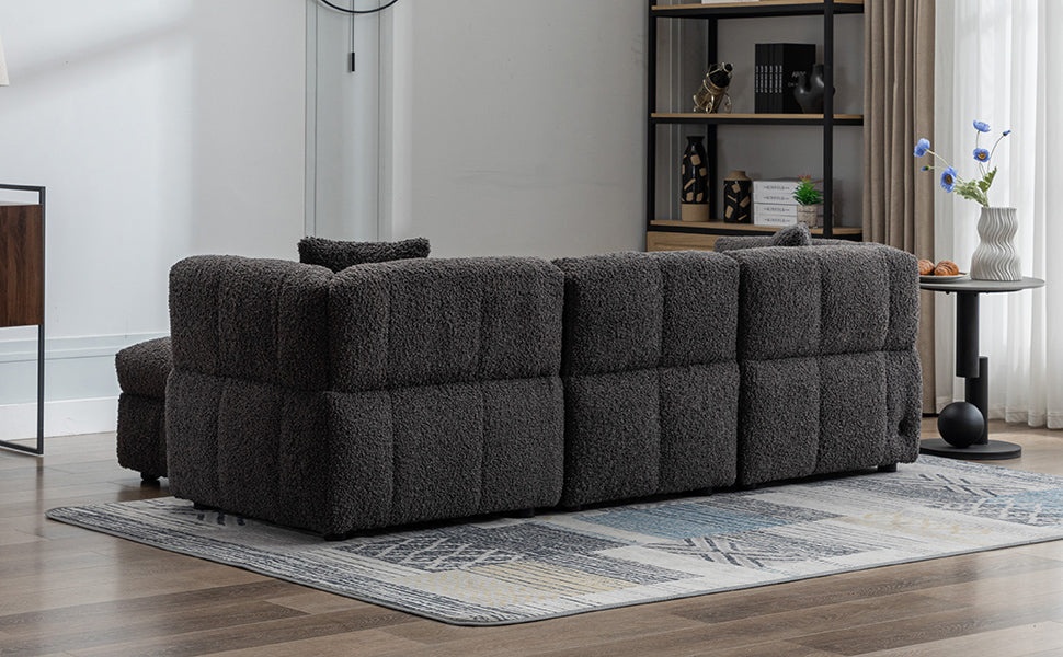 87.7" Sectional Sofa Cozy Teddy Fleece Fabric Sectional Sofa Couch With Two Usb Ports A Movable Storage Ottoman And Two Lumbar Pillows For Living Room, Gray Gray Foam Teddy 4 Seat