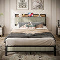 Queen Size Bed Frame With Charging Station, Upholstered Headboard, Metal Platform, Grey Box Spring Not Required Queen Light Gray Metal Bedroom American Design Bed Frame Linen Metal