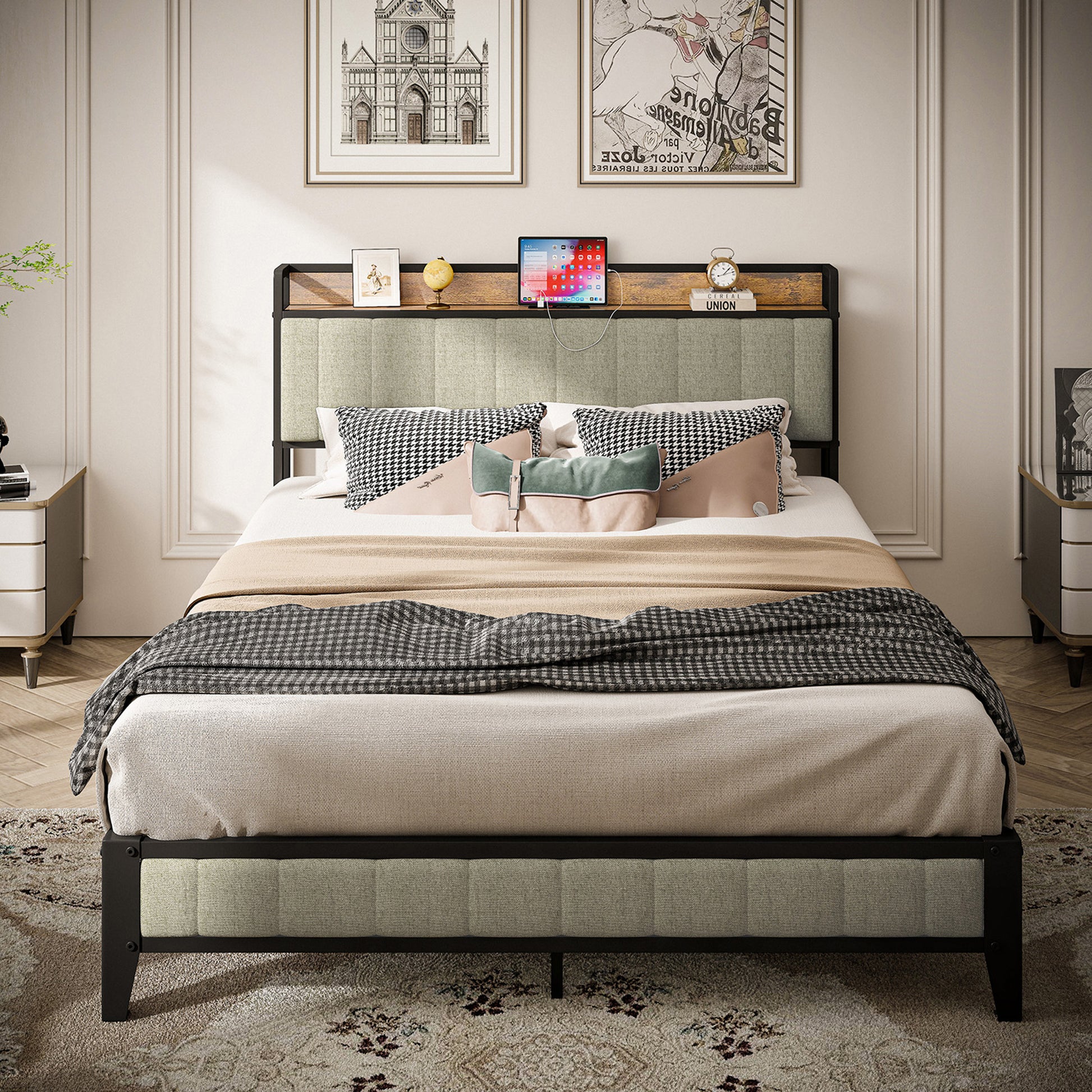 Queen Size Bed Frame With Charging Station, Upholstered Headboard, Metal Platform, Grey Box Spring Not Required Queen Light Gray Metal Bedroom American Design Bed Frame Linen Metal
