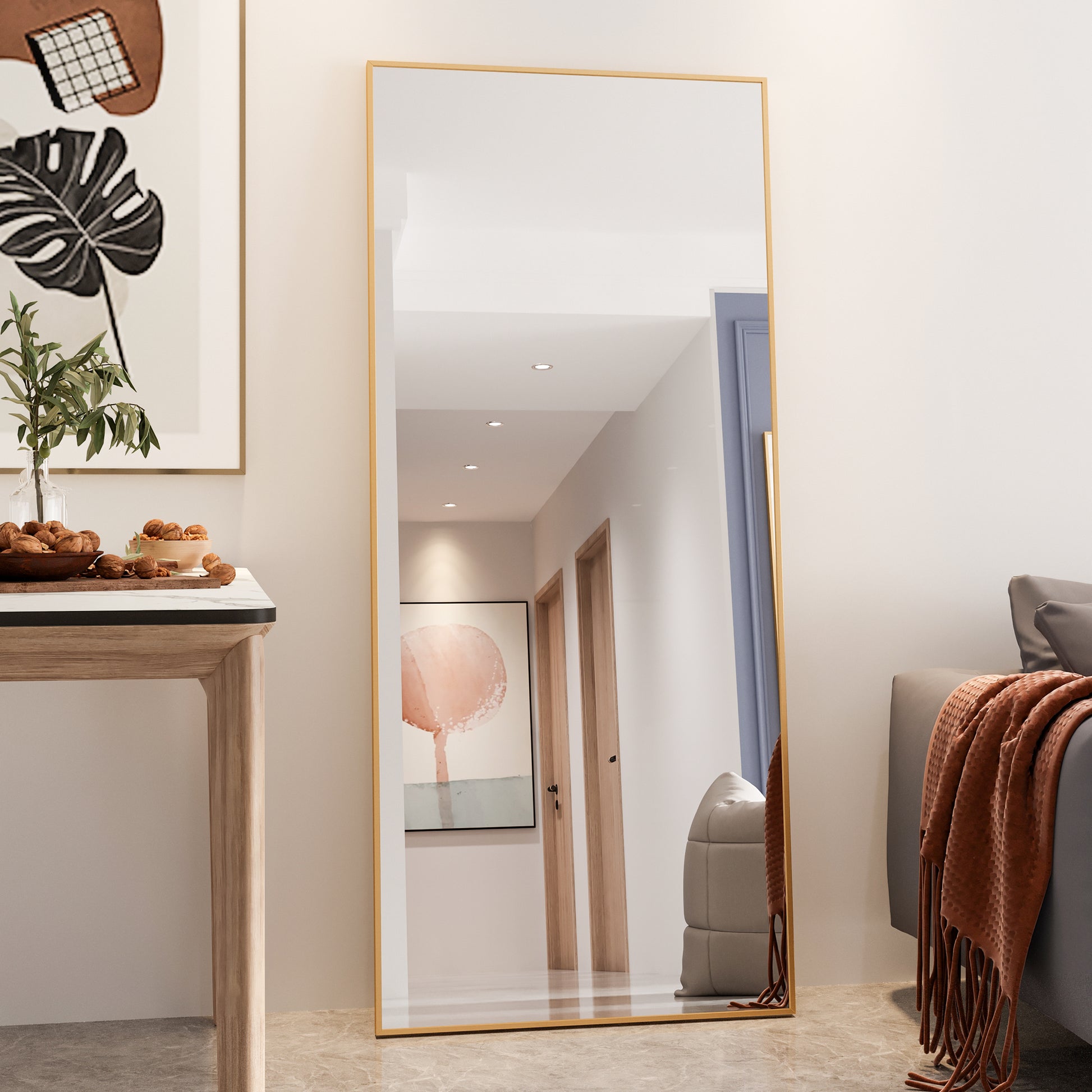 Tempered Mirror 71" X 32" Tall Full Length Mirror With Stand, Gold Wall Mounting Full Body Mirror, Metal Frame Full Length Mirror For Living Room, Bedroom Gold Glass