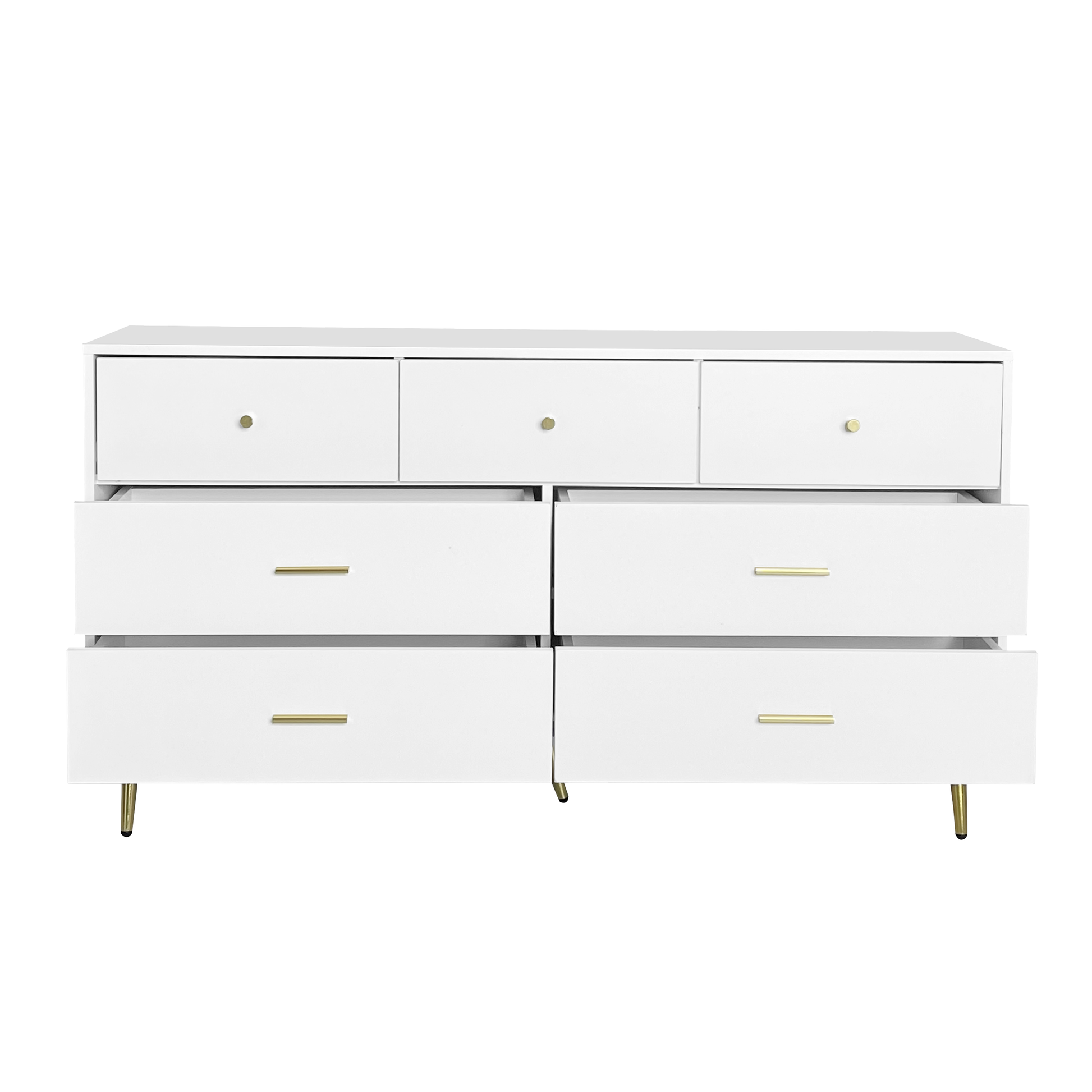 Seven Drawers Large Chest Of Drawer Cabinet With Golden Handle And Golden Legs White Color Matte White Particle Board