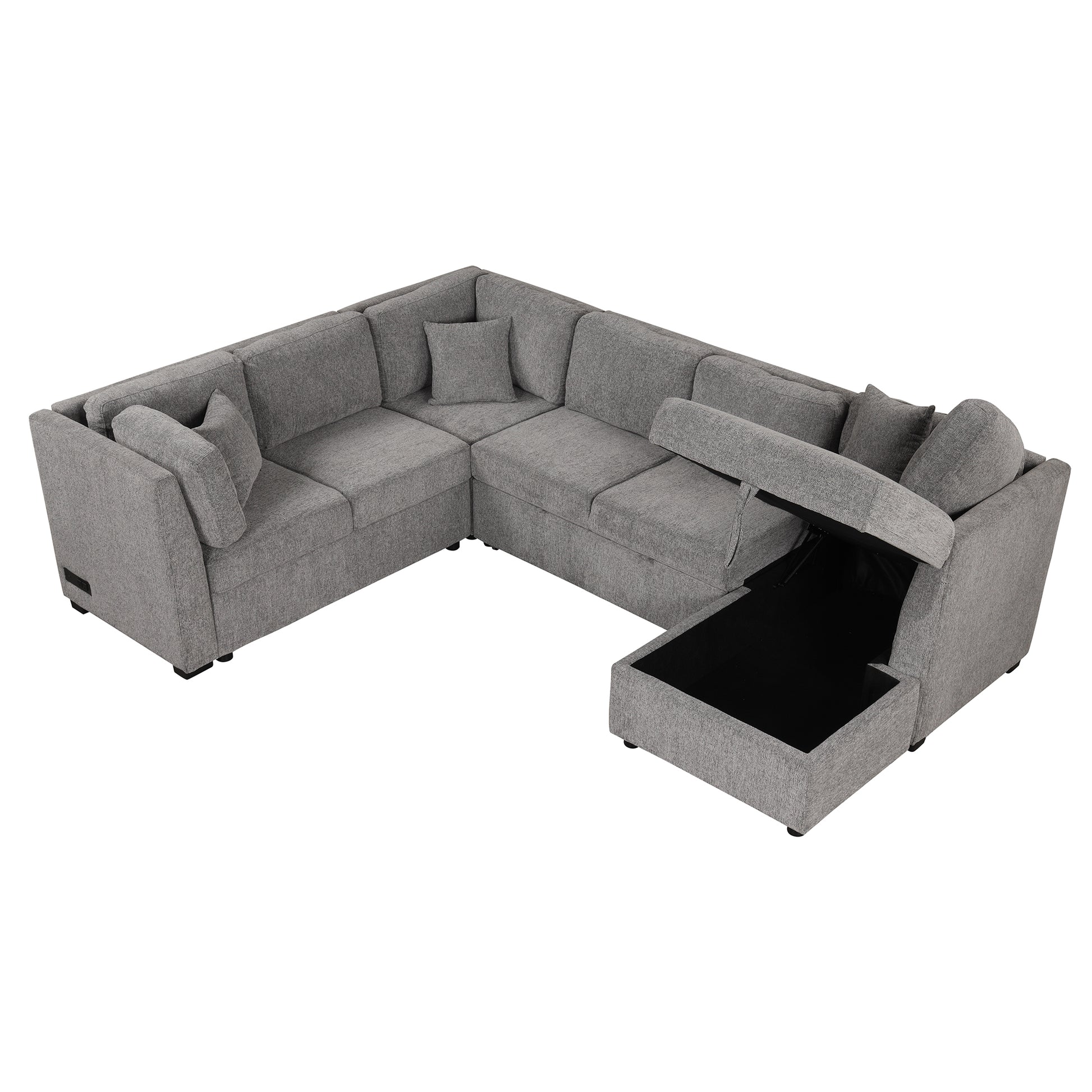 108.6" U Shaped Sectional Sofa Pull Out Sofa Bed With Two Usb Ports, Two Power Sockets, Three Back Pillows And A Storage Chaise For Living Room, Light Gray Light Gray Foam Chenille 5 Seat