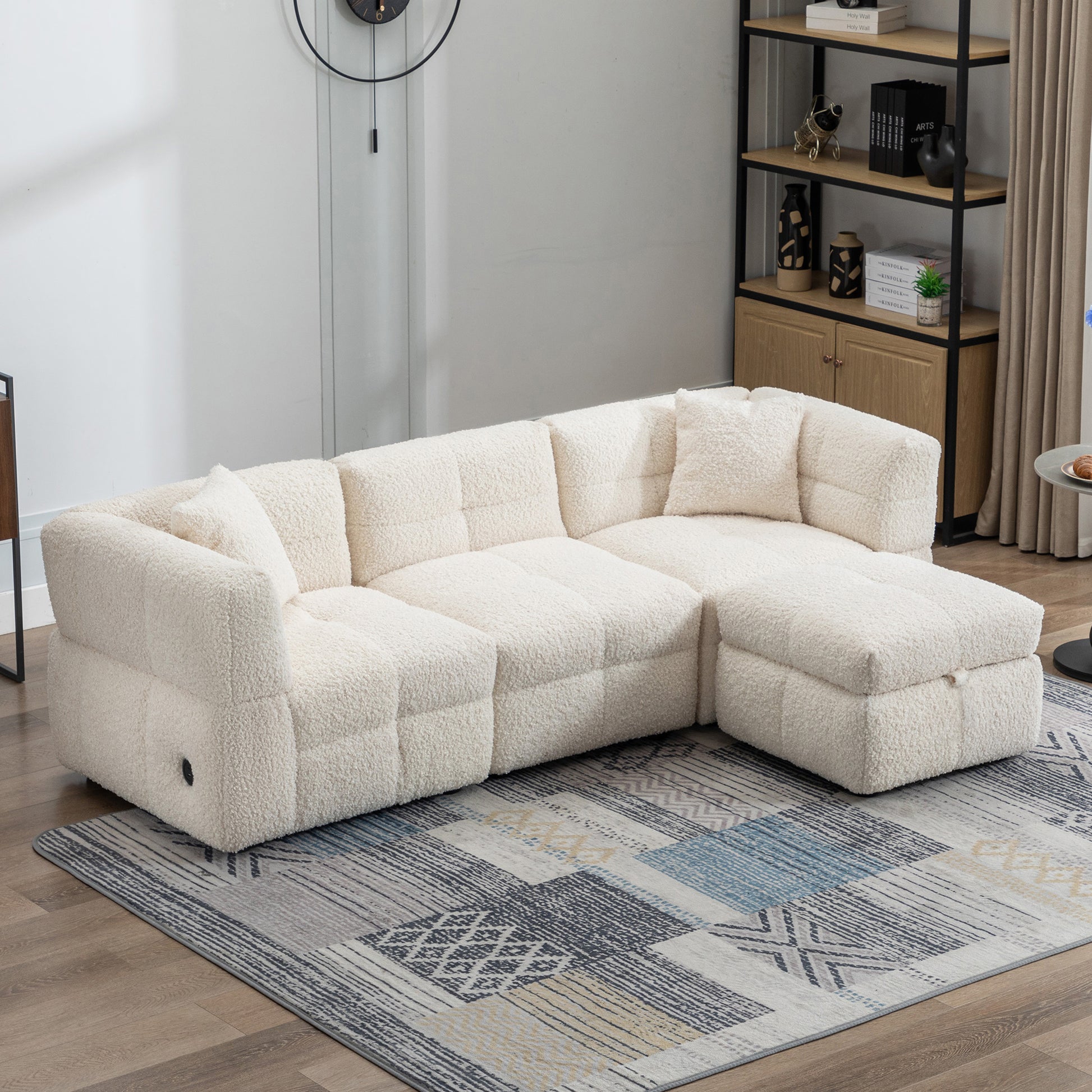 87.7" Sectional Sofa Cozy Teddy Fleece Fabric Sectional Sofa Couch With Two Usb Ports A Movable Storage Ottoman And Two Lumbar Pillows For Living Room, Creamy White Creamy White Foam Teddy