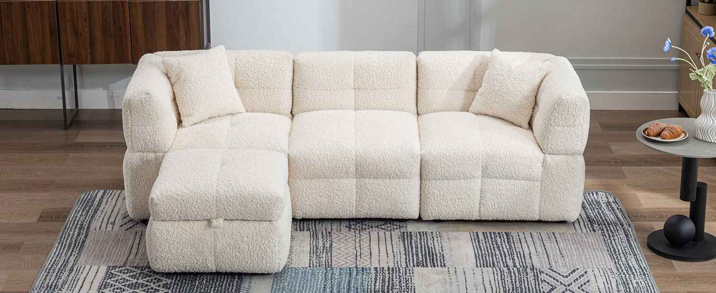 87.7" Sectional Sofa Cozy Teddy Fleece Fabric Sectional Sofa Couch With Two Usb Ports A Movable Storage Ottoman And Two Lumbar Pillows For Living Room, Creamy White Creamy White Foam Teddy