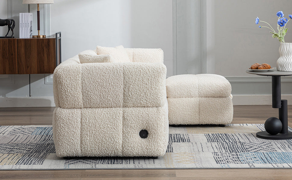 87.7" Sectional Sofa Cozy Teddy Fleece Fabric Sectional Sofa Couch With Two Usb Ports A Movable Storage Ottoman And Two Lumbar Pillows For Living Room, Creamy White Creamy White Foam Teddy