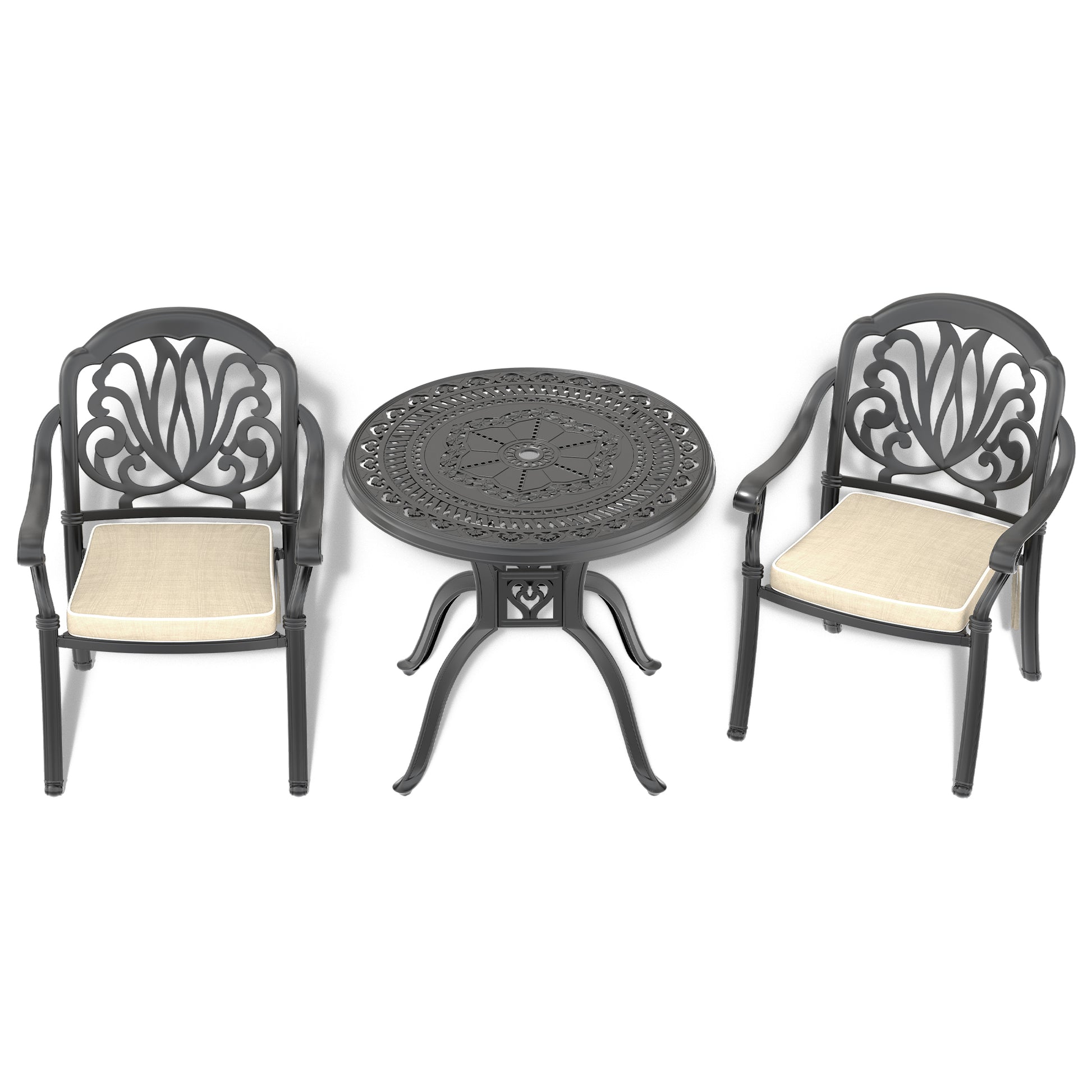 Cushions In Random Colors 3 Piece Set Of Cast Aluminum Patio Furniture With Cushions Yes Dining Set Black Seats 2 Rust Resistant Frame Water Resistant Cushion Garden & Outdoor Complete Patio Sets