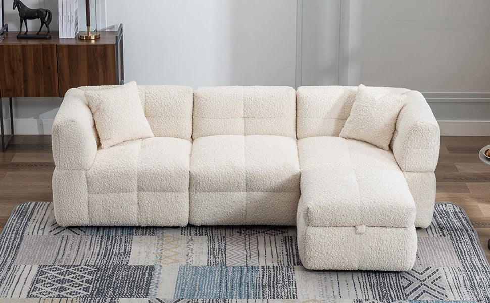 87.7" Sectional Sofa Cozy Teddy Fleece Fabric Sectional Sofa Couch With Two Usb Ports A Movable Storage Ottoman And Two Lumbar Pillows For Living Room, Creamy White Creamy White Foam Teddy