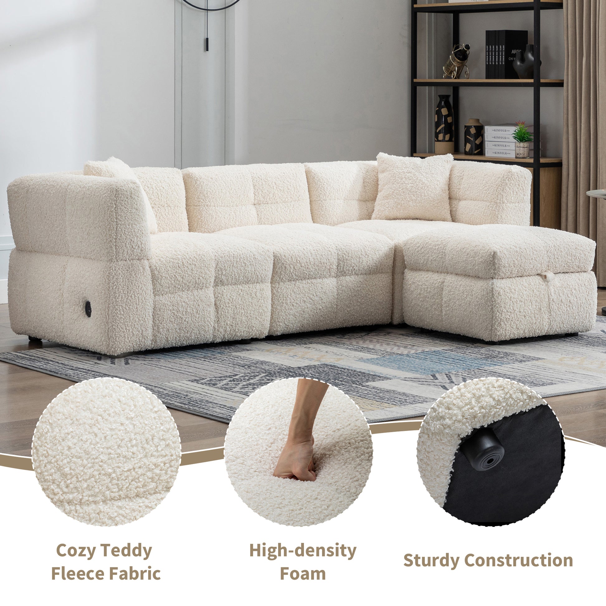 87.7" Sectional Sofa Cozy Teddy Fleece Fabric Sectional Sofa Couch With Two Usb Ports A Movable Storage Ottoman And Two Lumbar Pillows For Living Room, Creamy White Creamy White Foam Teddy