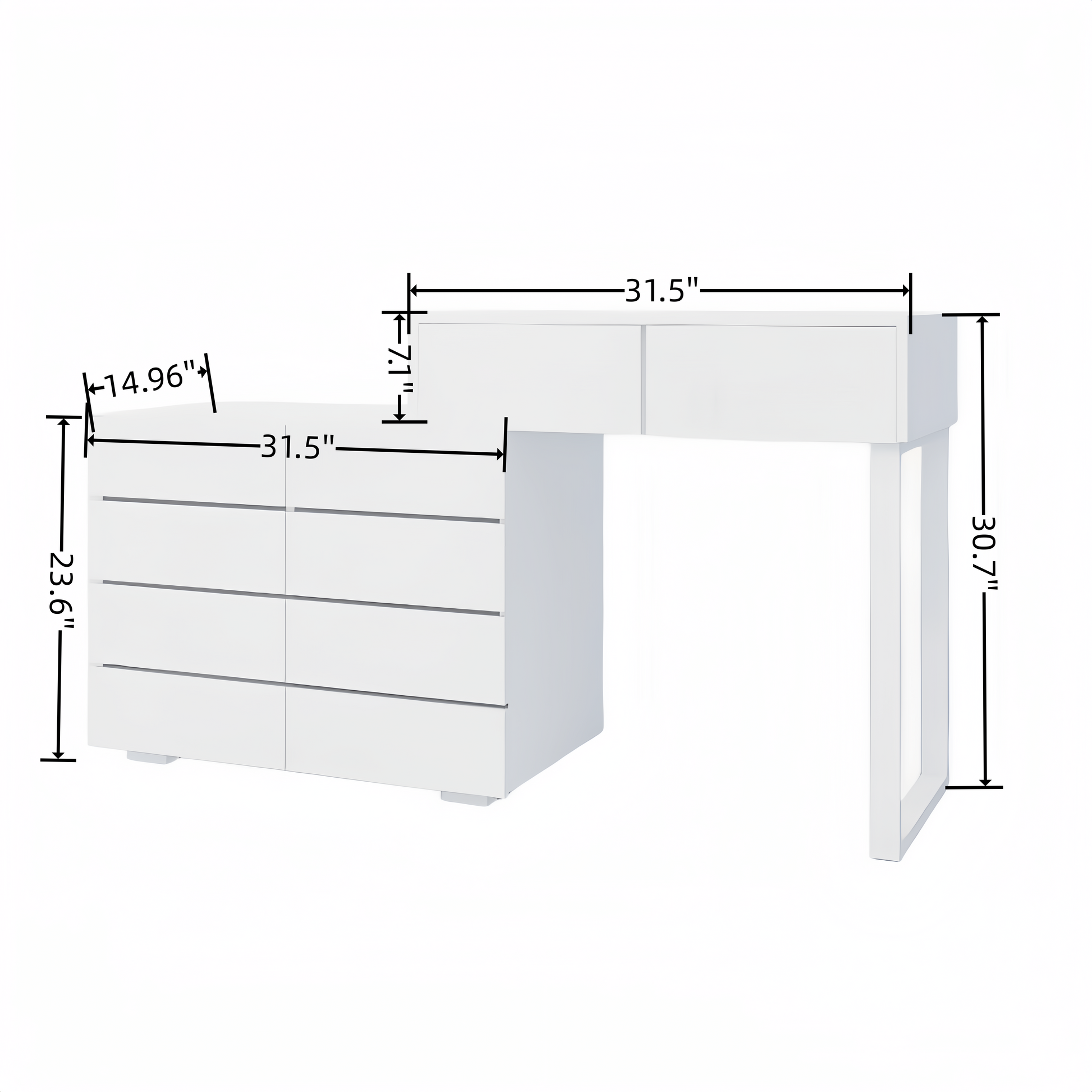 Extended Desktop 10 Drawers Chest Of Drawer Without Handle White Color Vanity White Bedroom Modern Engineered Wood