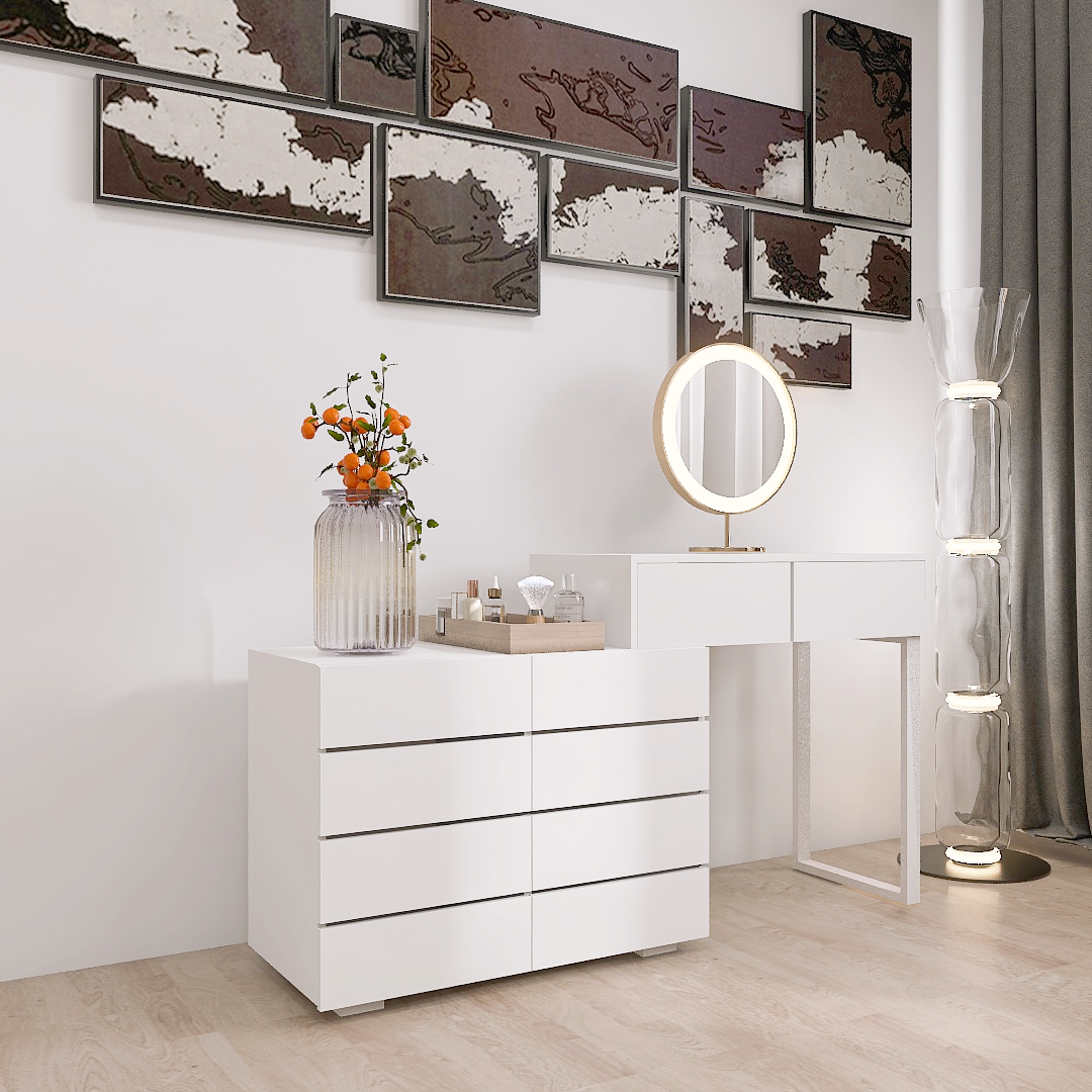 Extended Desktop 10 Drawers Chest Of Drawer Without Handle White Color Vanity White Bedroom Modern Engineered Wood