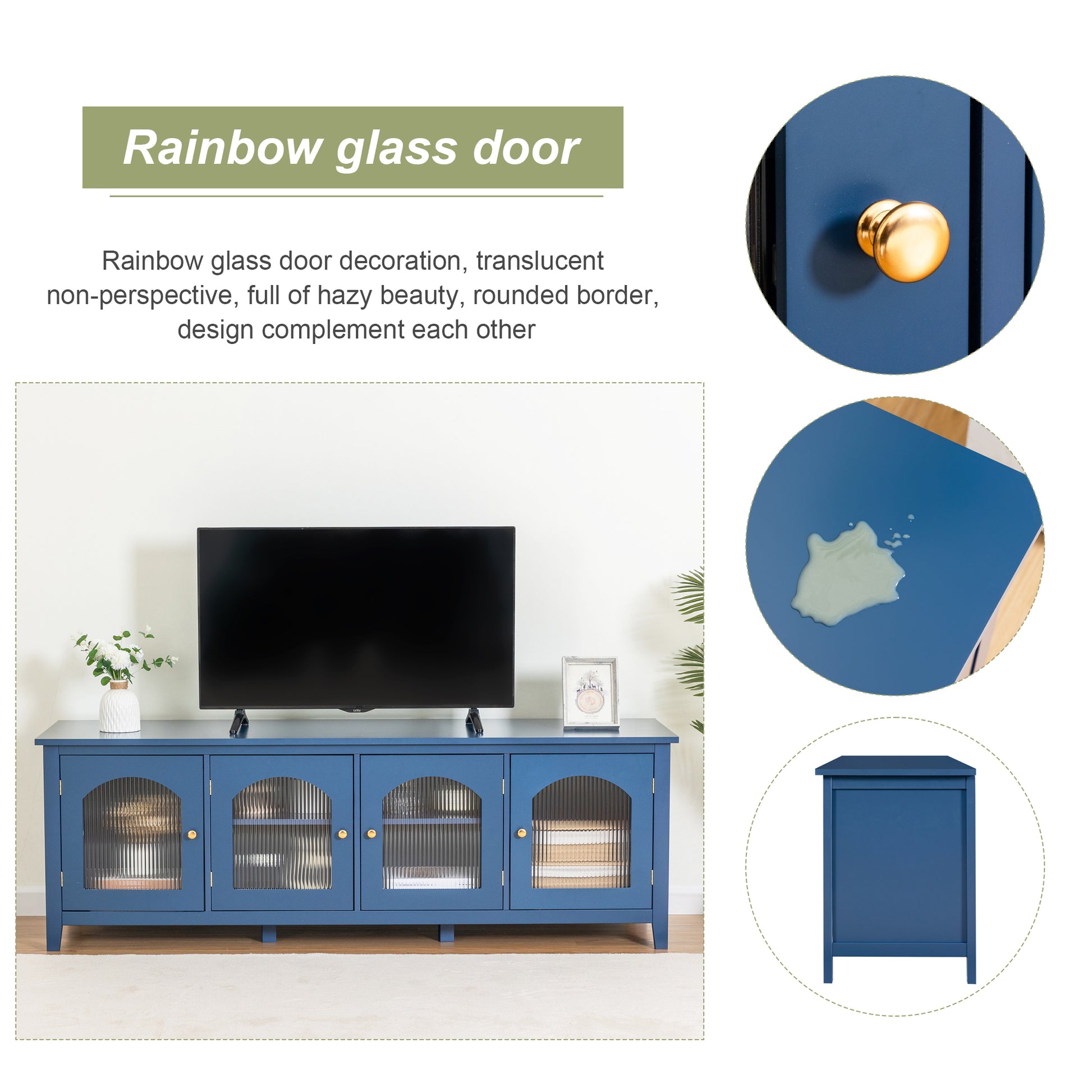 71 Inch Stylishtvcabinet Entertainment Centertv Stand,Tvconsoletable, Media Console,Solidwood Frame,Changhong Glass Door,Metal Handle,Antique Blue,For The Children'S Room,Bedroom Living Room Antique Blue Primary Living Space 70 79 Inches 70 79 Inches