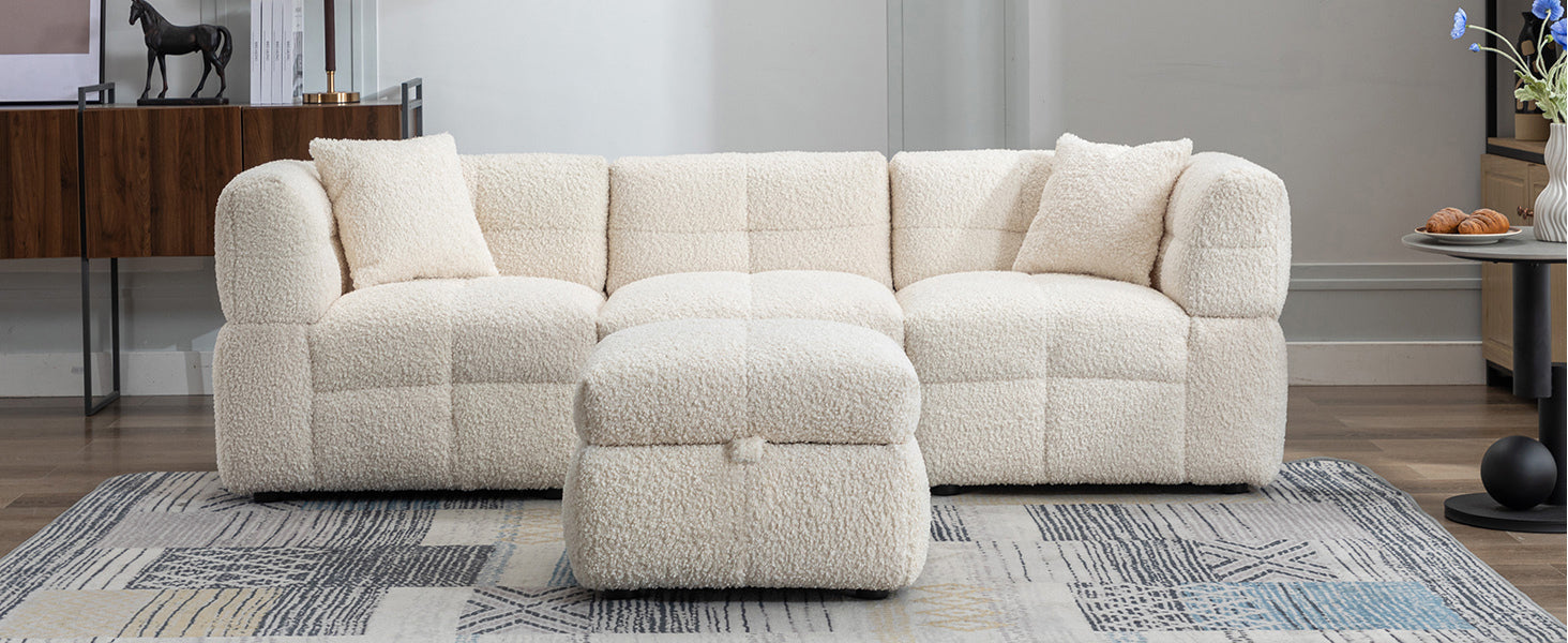 87.7" Sectional Sofa Cozy Teddy Fleece Fabric Sectional Sofa Couch With Two Usb Ports A Movable Storage Ottoman And Two Lumbar Pillows For Living Room, Creamy White Creamy White Foam Teddy