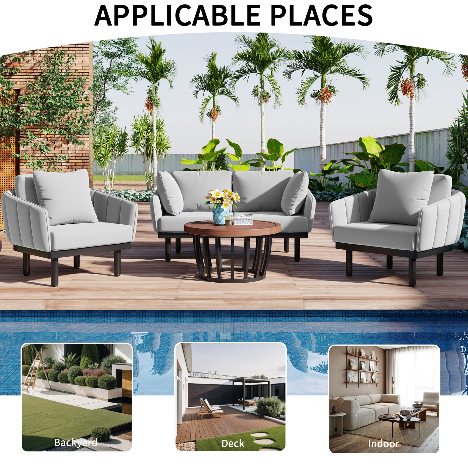 Luxury Modern 4 Piece Outdoor Iron Frame Conversation Set, Patio Chat Set With Acacia Wood Round Coffee Table For Backyard, Deck, Poolside, Indoor Use, Loveseat Arm Chairs, Gray Yes Sectional Gray Weather Resistant Frame Water Resistant Cushion Garden &