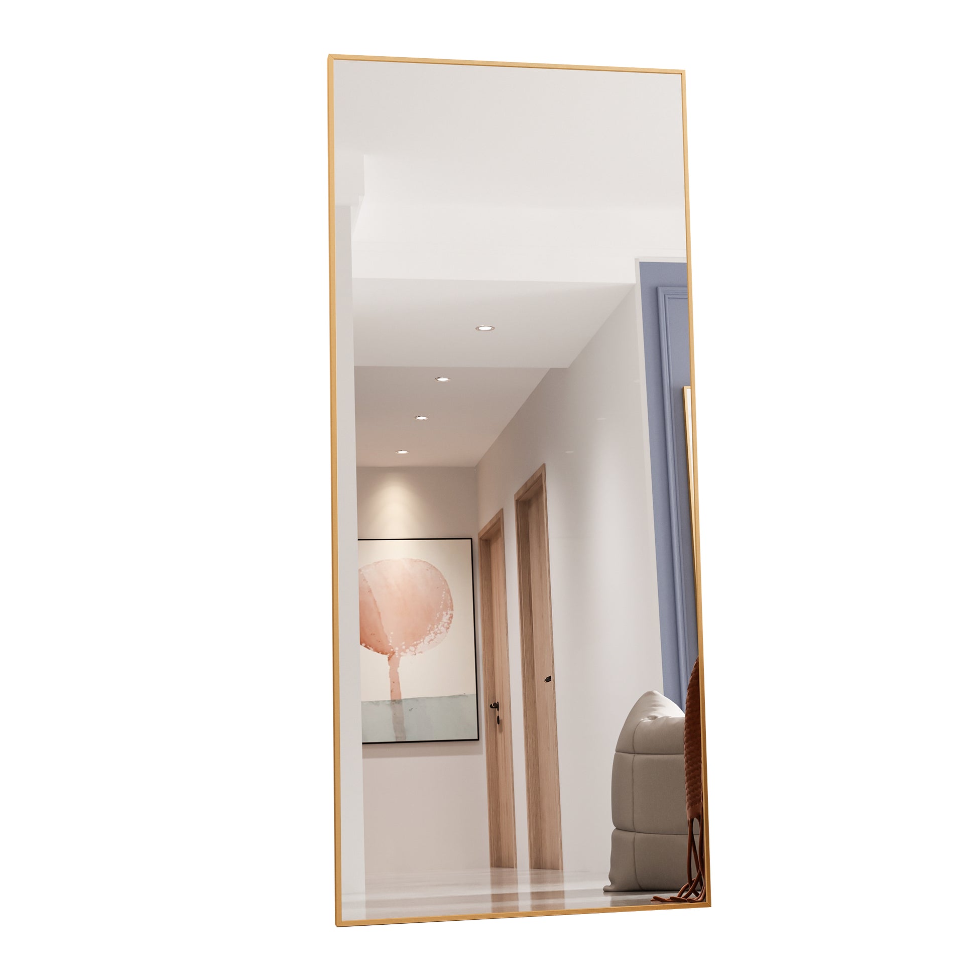 Tempered Mirror 71" X 32" Tall Full Length Mirror With Stand, Gold Wall Mounting Full Body Mirror, Metal Frame Full Length Mirror For Living Room, Bedroom Gold Glass