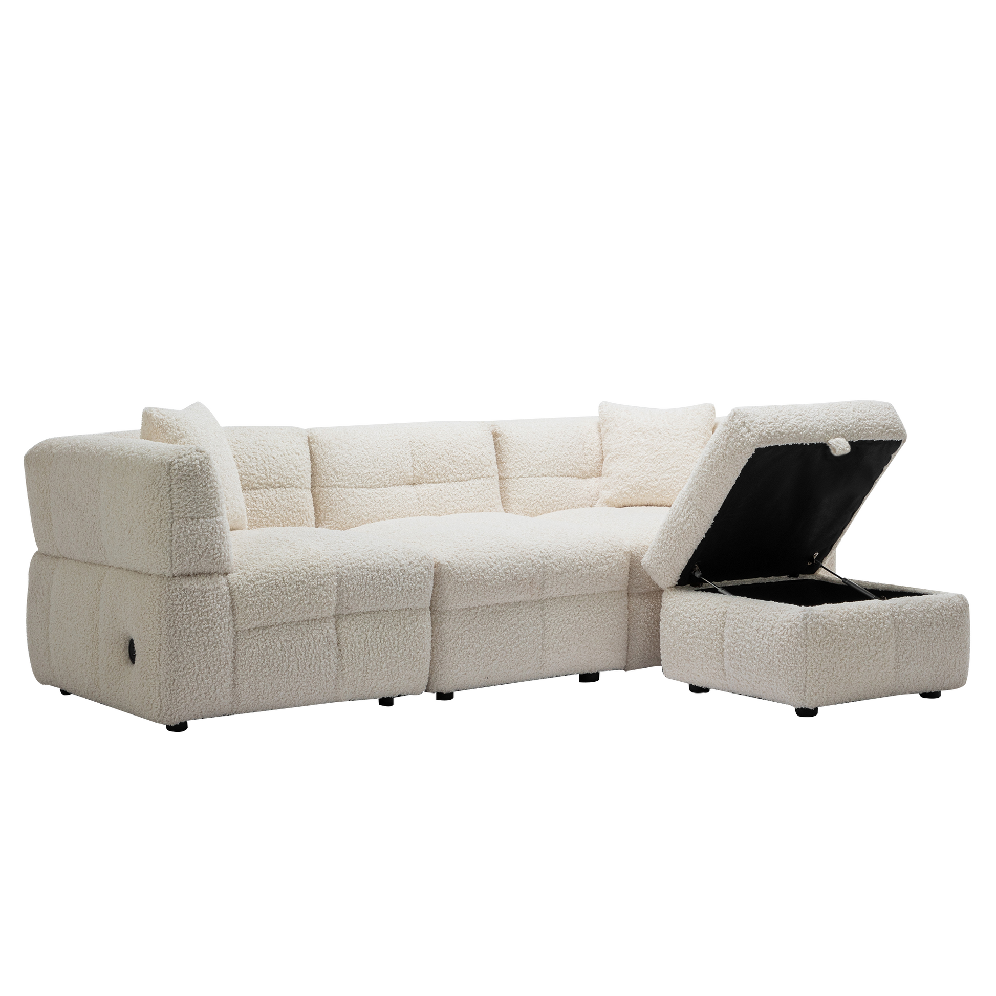 87.7" Sectional Sofa Cozy Teddy Fleece Fabric Sectional Sofa Couch With Two Usb Ports A Movable Storage Ottoman And Two Lumbar Pillows For Living Room, Creamy White Creamy White Foam Teddy