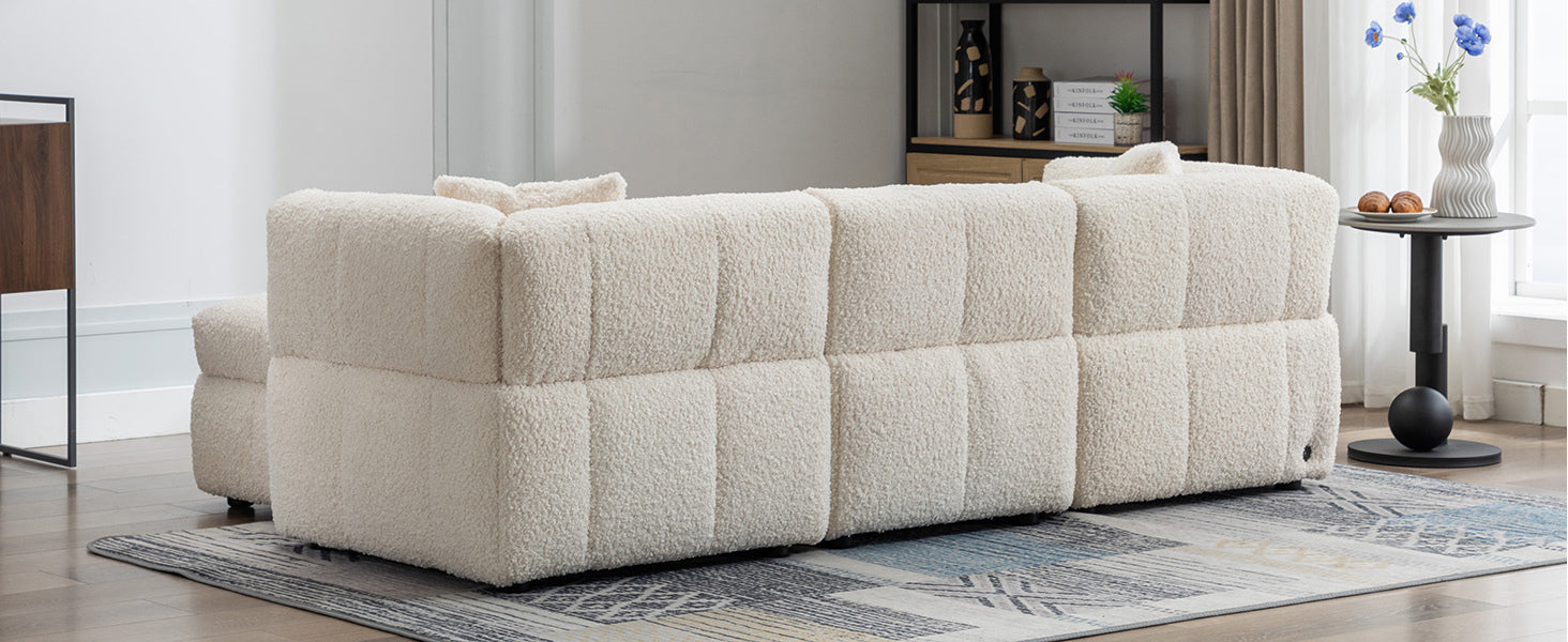87.7" Sectional Sofa Cozy Teddy Fleece Fabric Sectional Sofa Couch With Two Usb Ports A Movable Storage Ottoman And Two Lumbar Pillows For Living Room, Creamy White Creamy White Foam Teddy