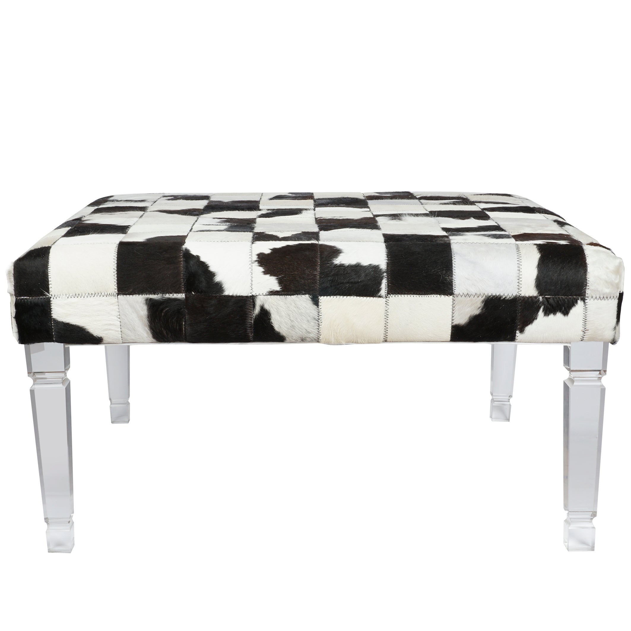 Cow Hide Upholstered Bench With Acrylic Legs, White And Black Black Wh