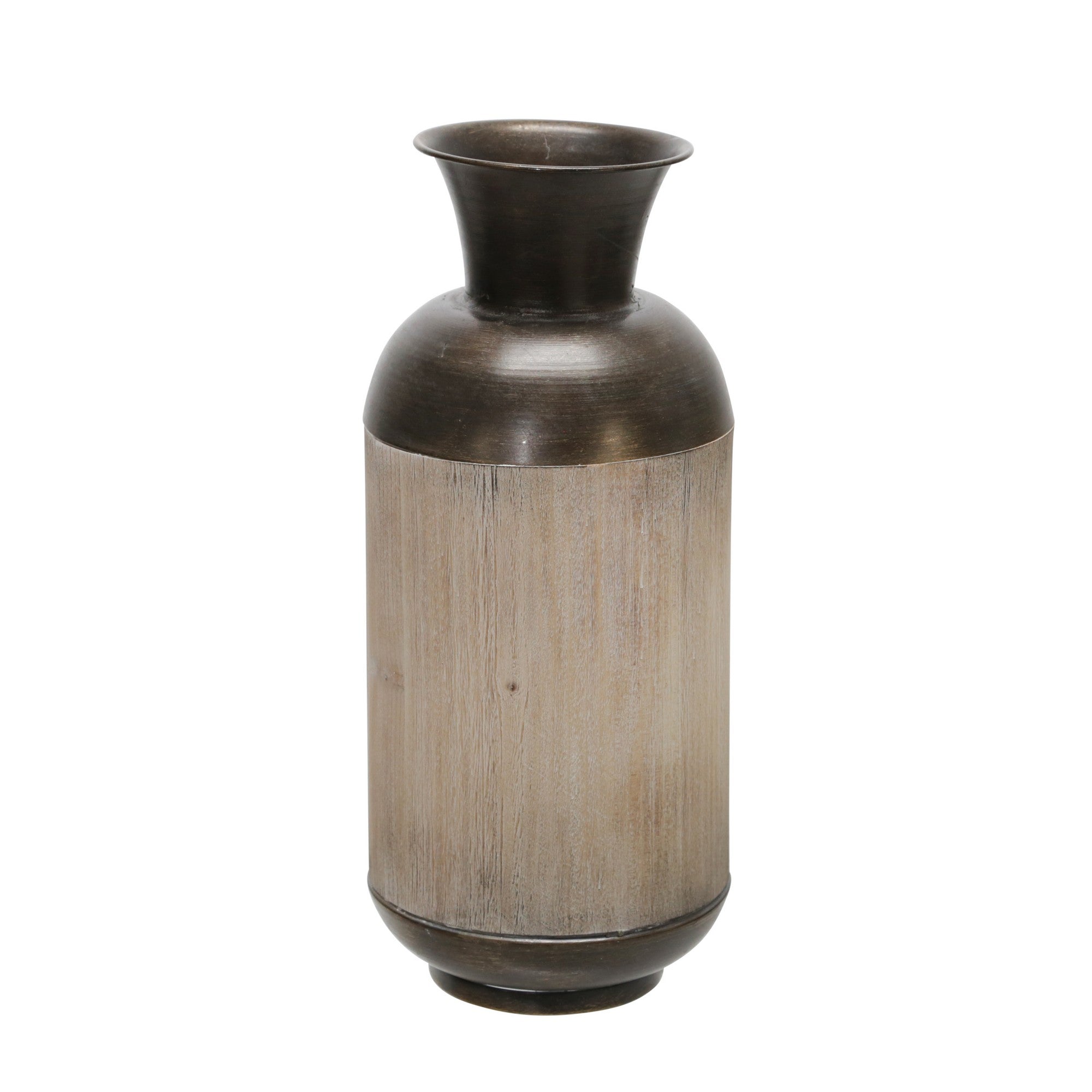 15 Inch Metal Jar With Wooden Accent And Flared Opening,Black And Brown Black Brown Wood Metal