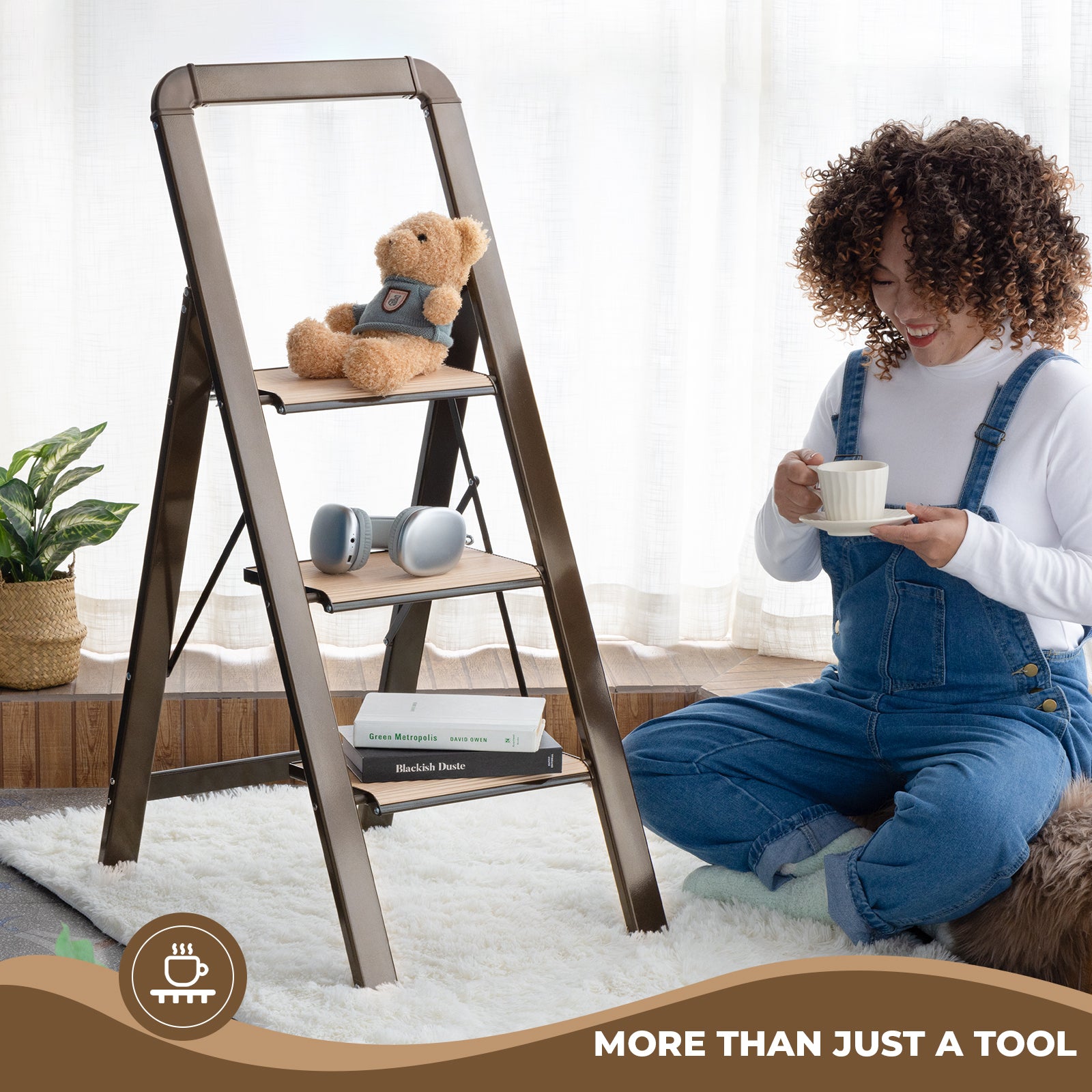 pedal step 3 Step Ladder Folding Step Stool For Adults With Wide Anti Slip Pedal,