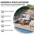 Luxury Modern 4 Piece Outdoor Iron Frame Conversation Set, Patio Chat Set With Acacia Wood Round Coffee Table For Backyard, Deck, Poolside, Indoor Use, Loveseat Arm Chairs, Gray Yes Sectional Gray Weather Resistant Frame Water Resistant Cushion Garden &