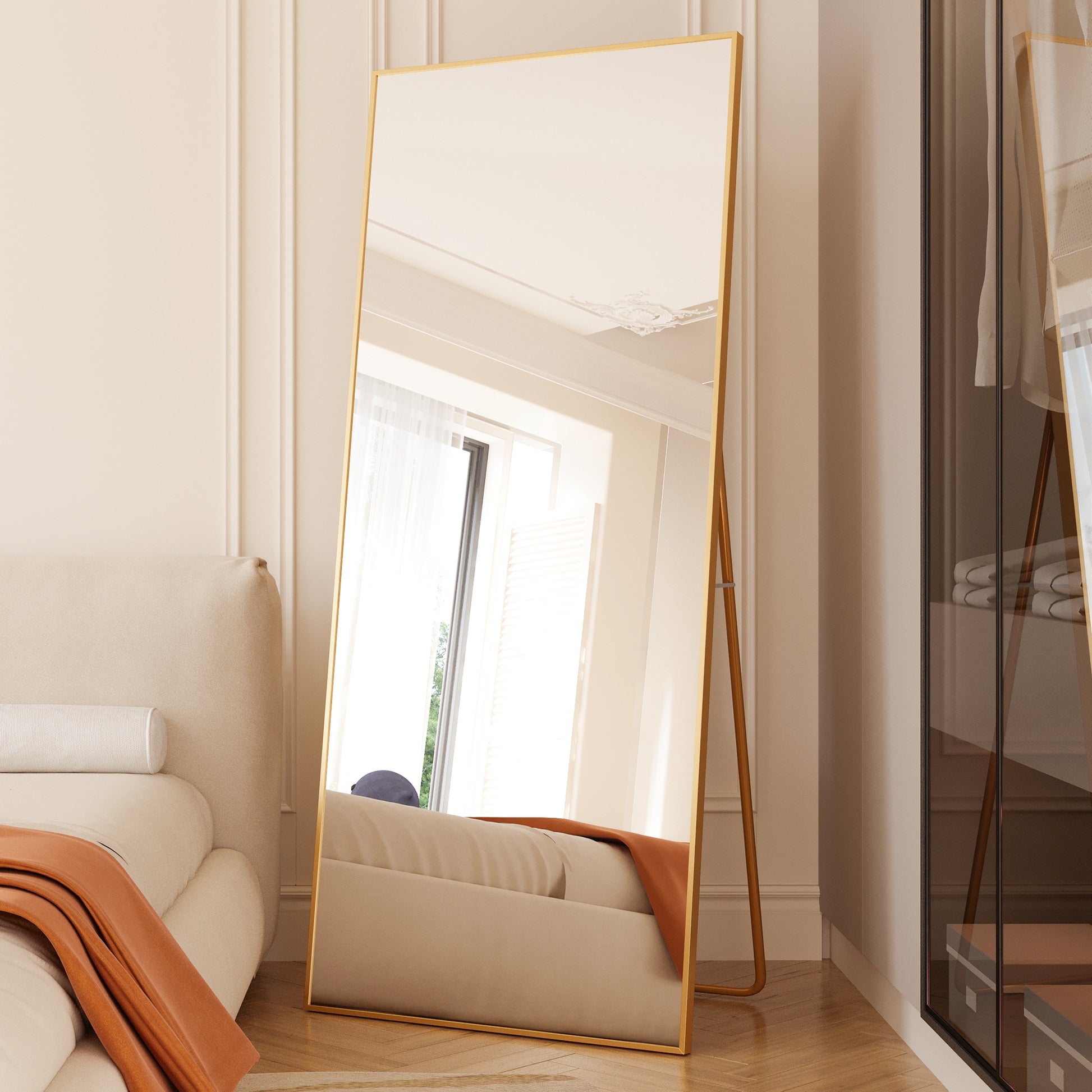 Tempered Mirror 71" X 32" Tall Full Length Mirror With Stand, Gold Wall Mounting Full Body Mirror, Metal Frame Full Length Mirror For Living Room, Bedroom Gold Glass