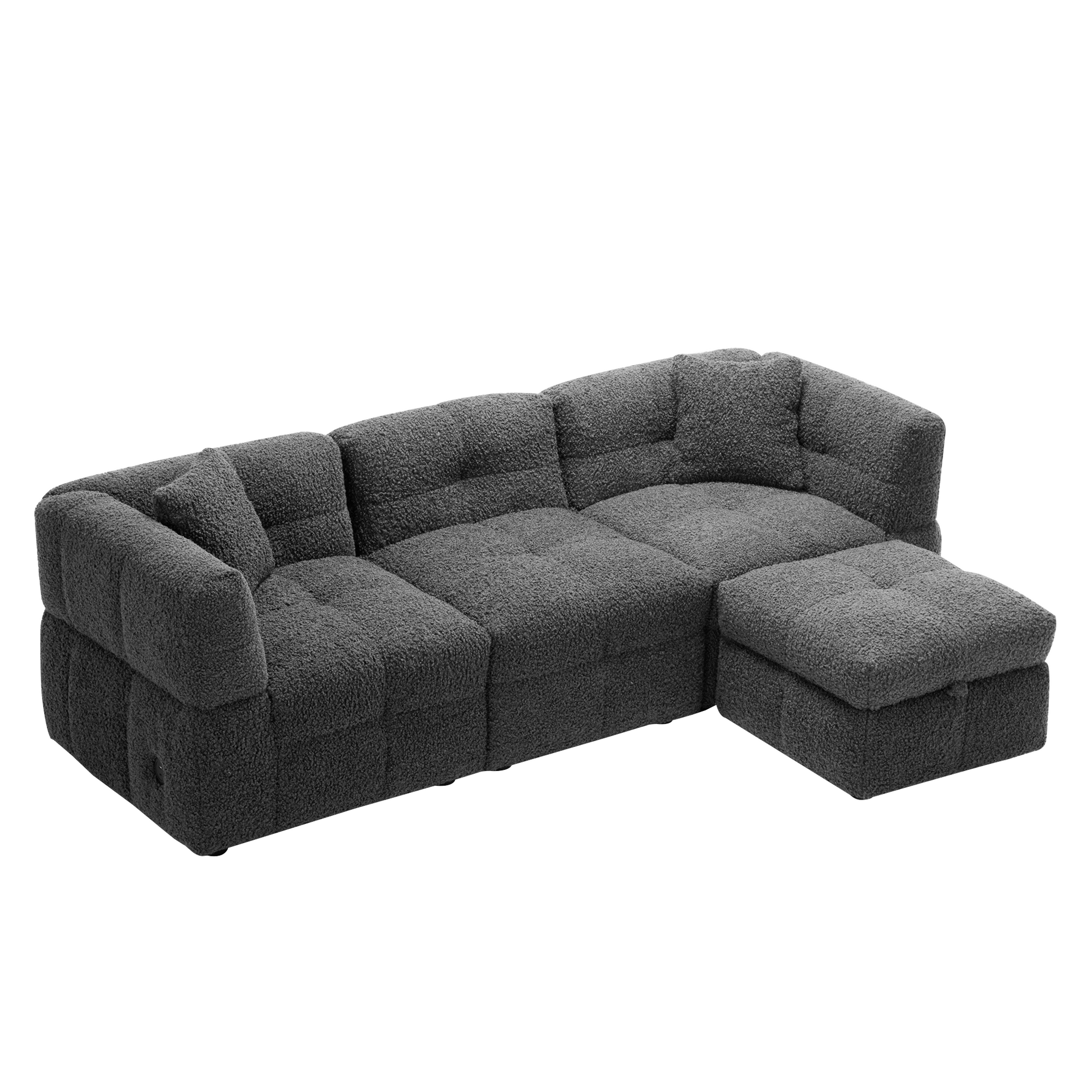 87.7" Sectional Sofa Cozy Teddy Fleece Fabric Sectional Sofa Couch With Two Usb Ports A Movable Storage Ottoman And Two Lumbar Pillows For Living Room, Gray Gray Foam Teddy 4 Seat