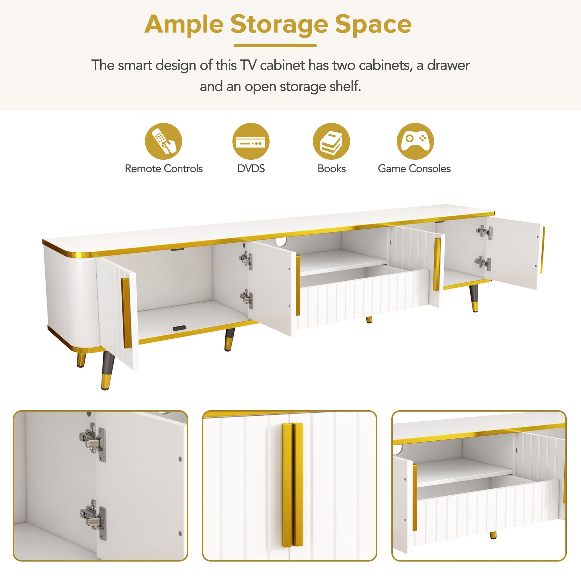 Luxury Minimalism Tv Stand With Open Storage Shelf For Tvs Up To 85", Entertainment Center With Cabinets And Drawers, Practical Media Console With Unique Legs For Living Room, White White Gold Primary Living Space 80 89 Inches 80 89 Inches 85 Inches