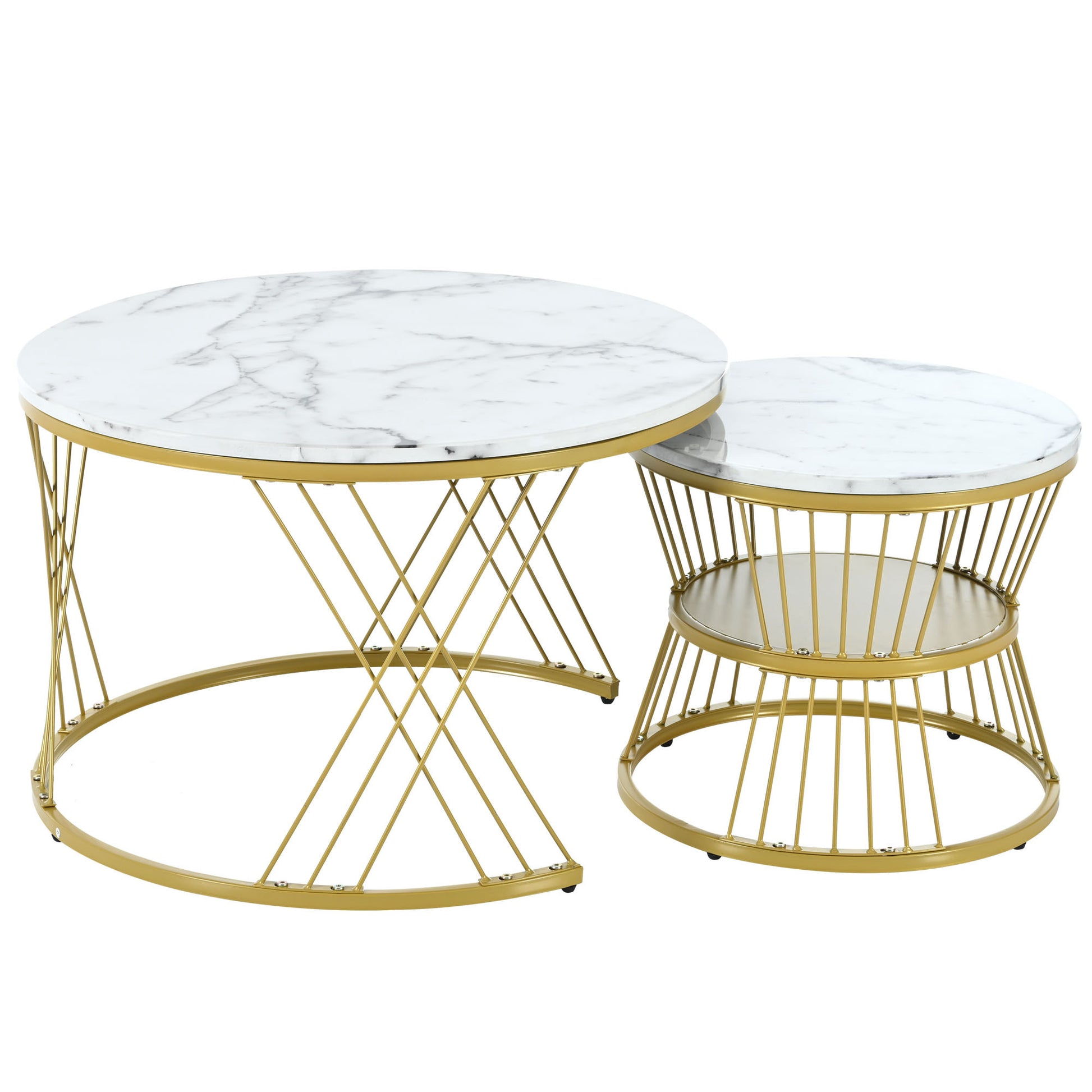 27.5'' & 17.7'' Nesting Coffee Table With Marble Grain Table Top, Golden Iron Frame Round Coffee Table, Set Of 2, For Living Room, Balcony, White White Gold Primary Living Space Mdf Iron