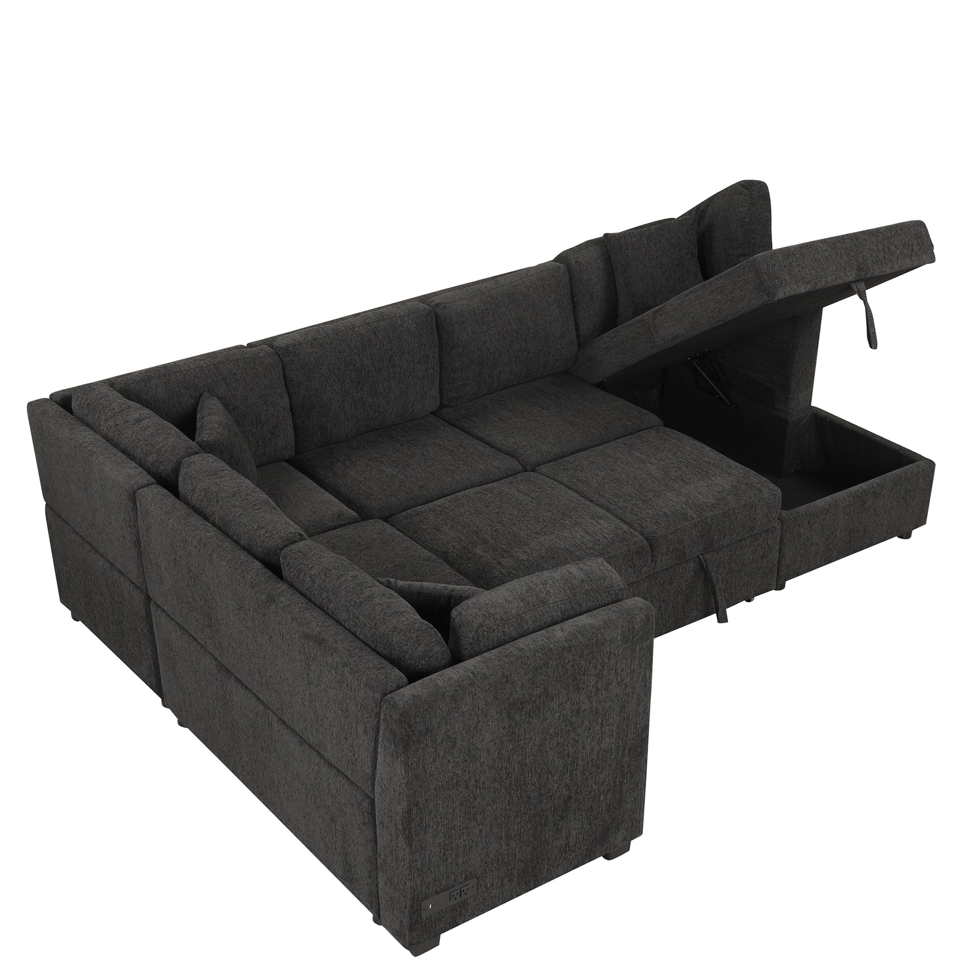 108.6" U Shaped Sectional Sofa Pull Out Sofa Bed With Two Usb Ports, Two Power Sockets, Three Back Pillows And A Storage Chaise For Living Room, Black Black Foam Chenille 5 Seat