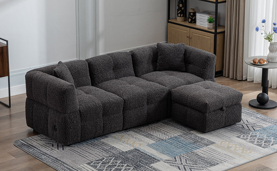 87.7" Sectional Sofa Cozy Teddy Fleece Fabric Sectional Sofa Couch With Two Usb Ports A Movable Storage Ottoman And Two Lumbar Pillows For Living Room, Gray Gray Foam Teddy 4 Seat