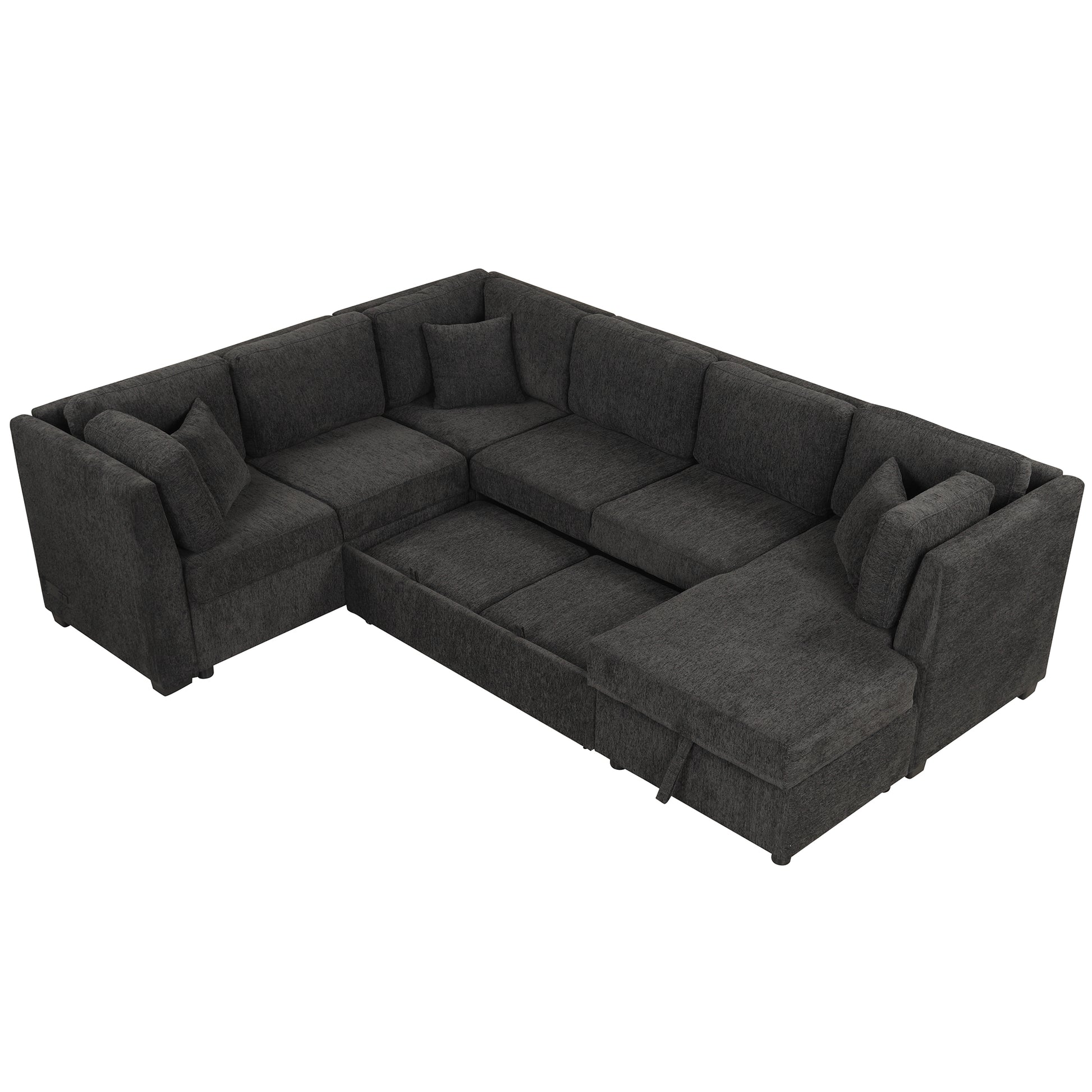 108.6" U Shaped Sectional Sofa Pull Out Sofa Bed With Two Usb Ports, Two Power Sockets, Three Back Pillows And A Storage Chaise For Living Room, Black Black Foam Chenille 5 Seat