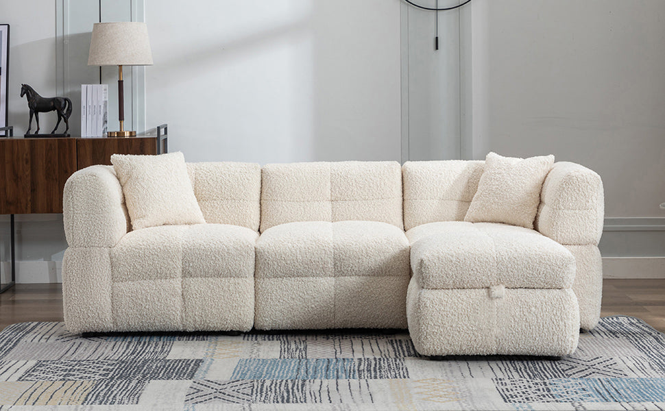 87.7" Sectional Sofa Cozy Teddy Fleece Fabric Sectional Sofa Couch With Two Usb Ports A Movable Storage Ottoman And Two Lumbar Pillows For Living Room, Creamy White Creamy White Foam Teddy