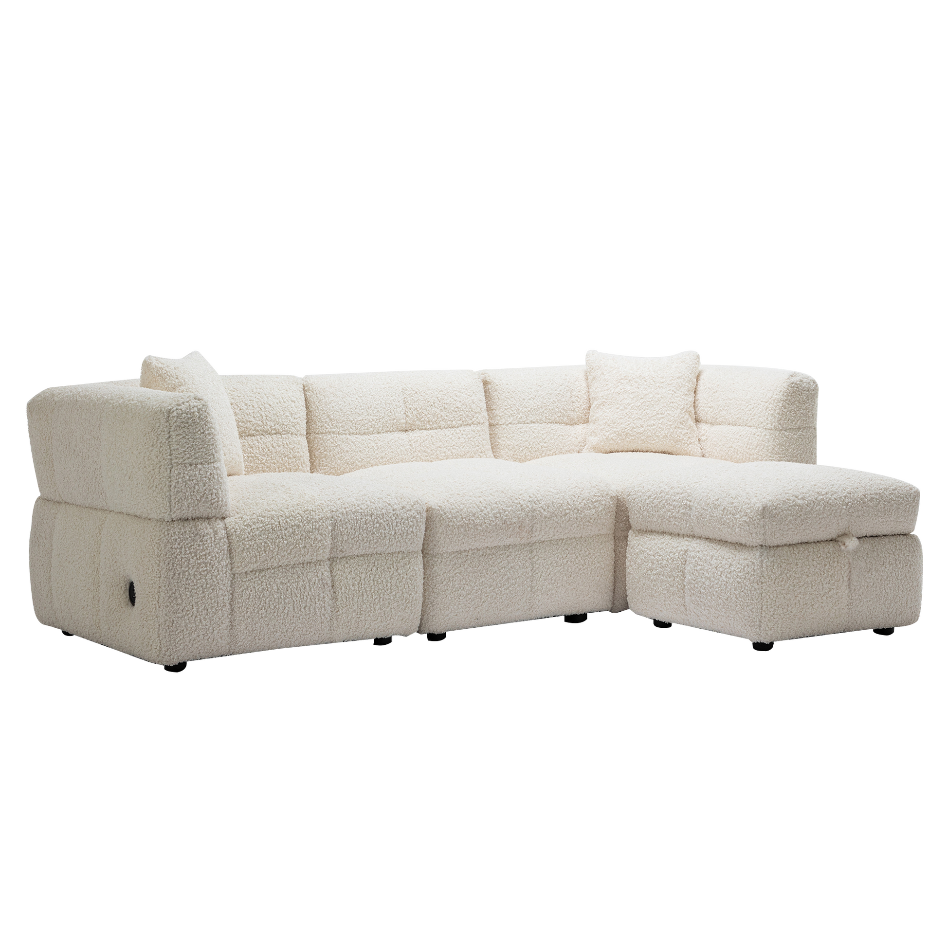 87.7" Sectional Sofa Cozy Teddy Fleece Fabric Sectional Sofa Couch With Two Usb Ports A Movable Storage Ottoman And Two Lumbar Pillows For Living Room, Creamy White Creamy White Foam Teddy