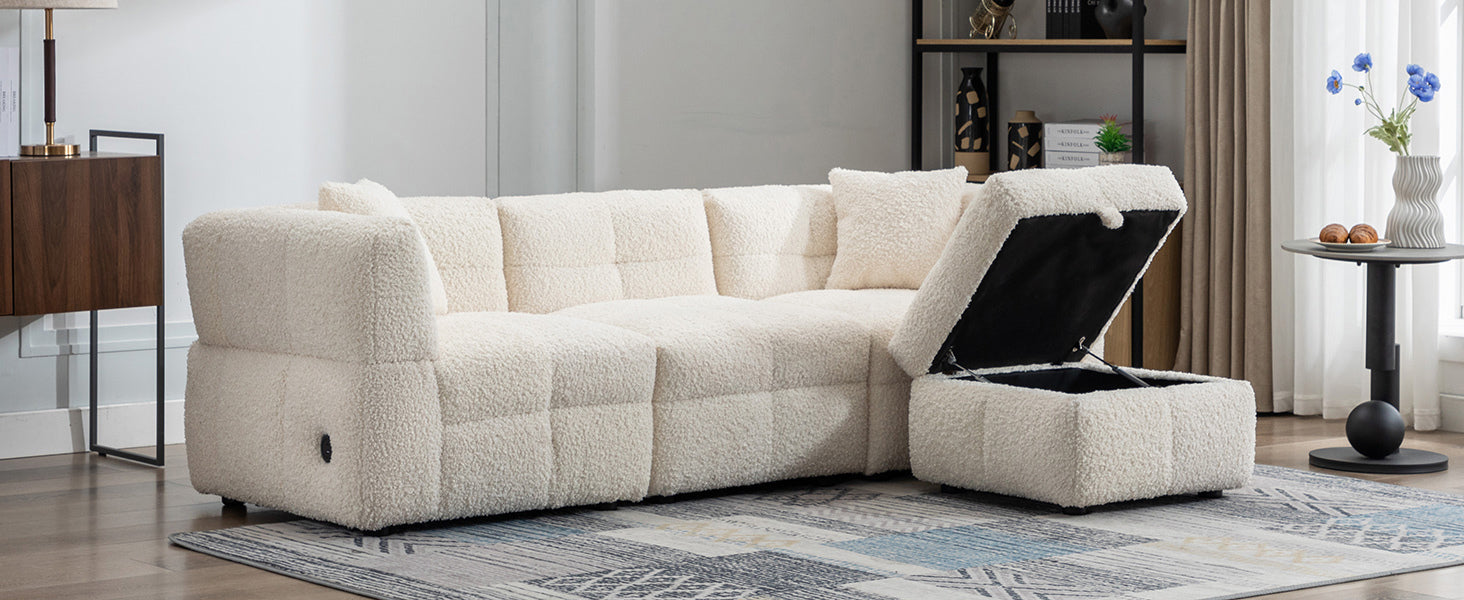 87.7" Sectional Sofa Cozy Teddy Fleece Fabric Sectional Sofa Couch With Two Usb Ports A Movable Storage Ottoman And Two Lumbar Pillows For Living Room, Creamy White Creamy White Foam Teddy