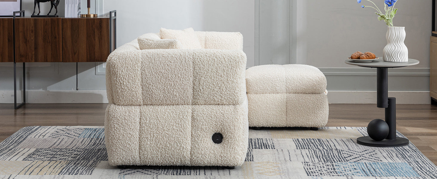 87.7" Sectional Sofa Cozy Teddy Fleece Fabric Sectional Sofa Couch With Two Usb Ports A Movable Storage Ottoman And Two Lumbar Pillows For Living Room, Creamy White Creamy White Foam Teddy
