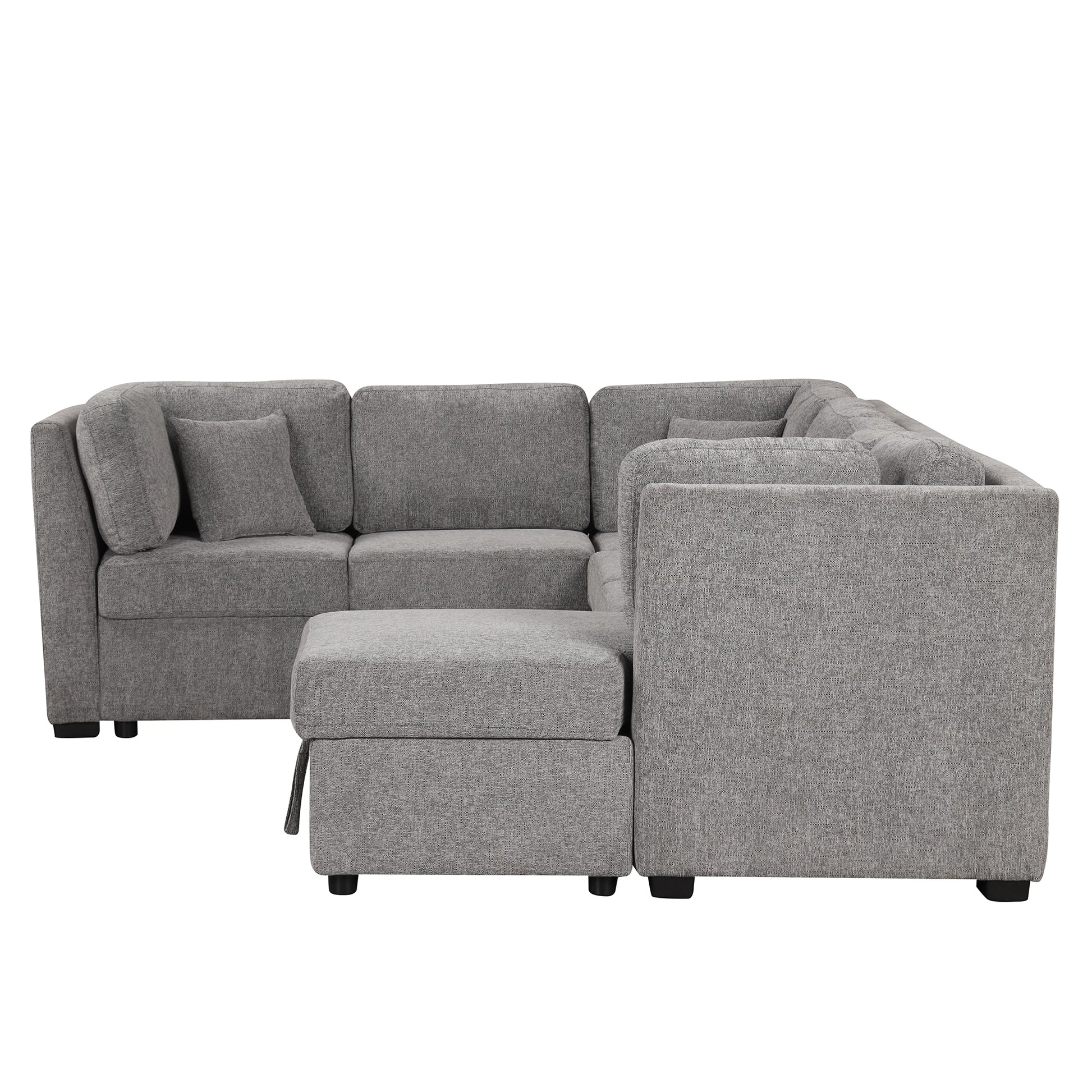 108.6" U Shaped Sectional Sofa Pull Out Sofa Bed With Two Usb Ports, Two Power Sockets, Three Back Pillows And A Storage Chaise For Living Room, Light Gray Light Gray Foam Chenille 5 Seat